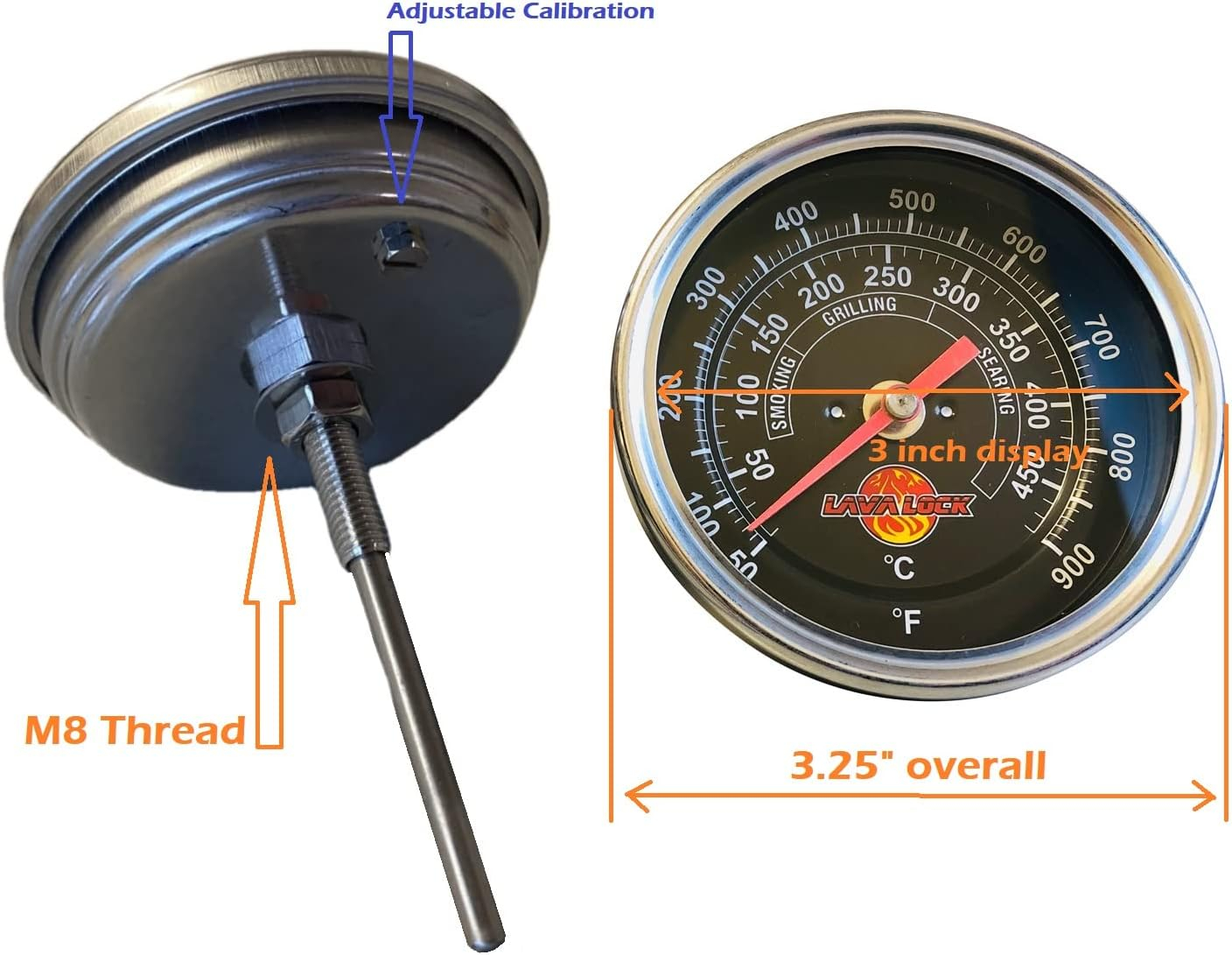 LavaLock BBQ Grill Thermometer 50F-900F High Temp Range Heavy Duty Smoker Thermo 3" Face with M8 Thread
