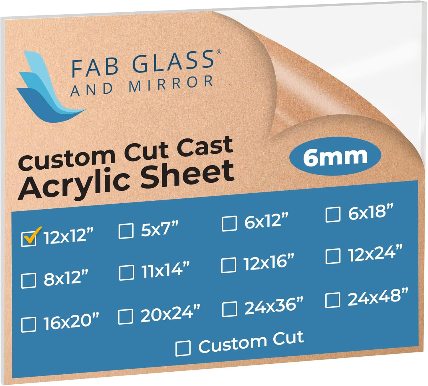 Fab Glass and Mirror Plastic PET Acrylic Plexiglass Sheet 12" x 12" with Protective Film, 1/4"(6mm) Thick Clear Panel for DIY Craft Projects, Picture Frame, Signs & Table Top (ACR6M12X12SQ)