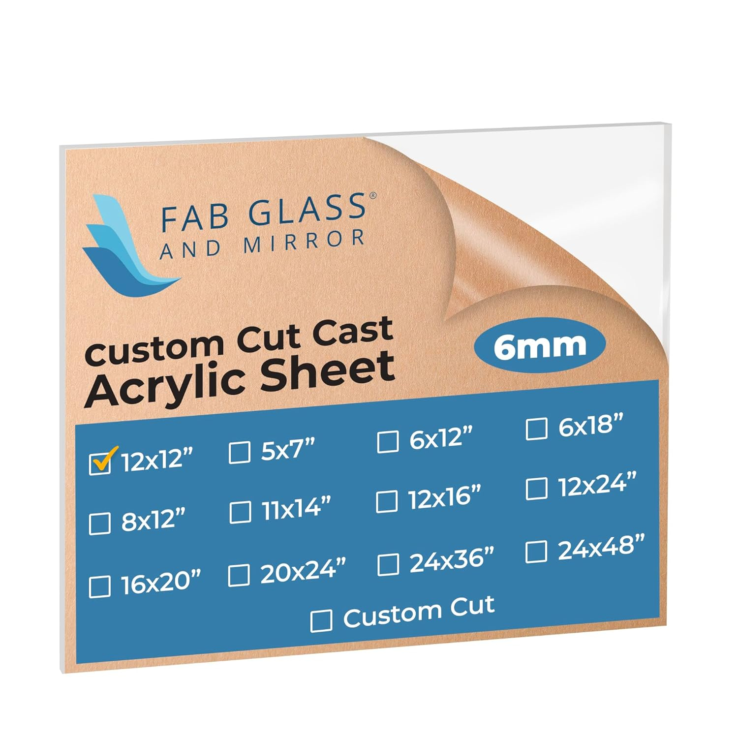 Fab Glass and Mirror Plastic PET Acrylic Plexiglass Sheet 12" x 12" with Protective Film, 1/4"(6mm) Thick Clear Panel for DIY Craft Projects, Picture Frame, Signs & Table Top (ACR6M12X12SQ)