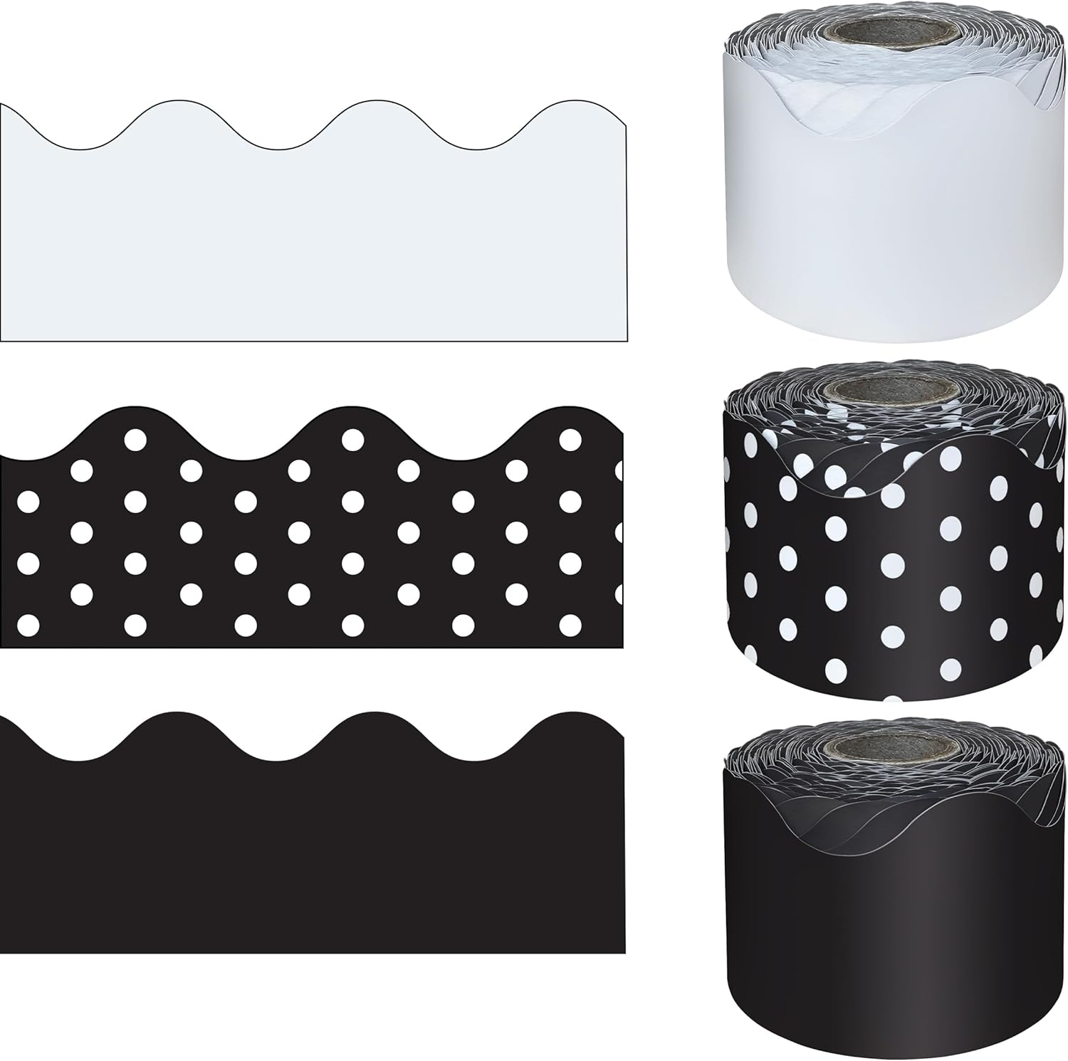 Carson Dellosa 3 Rolls of 195 Ft of Scallop Black and White Bulletin Board Borders Bundle, Classroom Borders for Bulletin, 65 Ft Per Bulletin Board Trim Roll