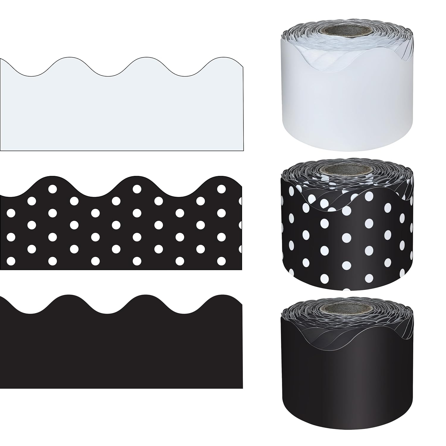 Carson Dellosa 3 Rolls of 195 Ft of Scallop Black and White Bulletin Board Borders Bundle, Classroom Borders for Bulletin, 65 Ft Per Bulletin Board Trim Roll