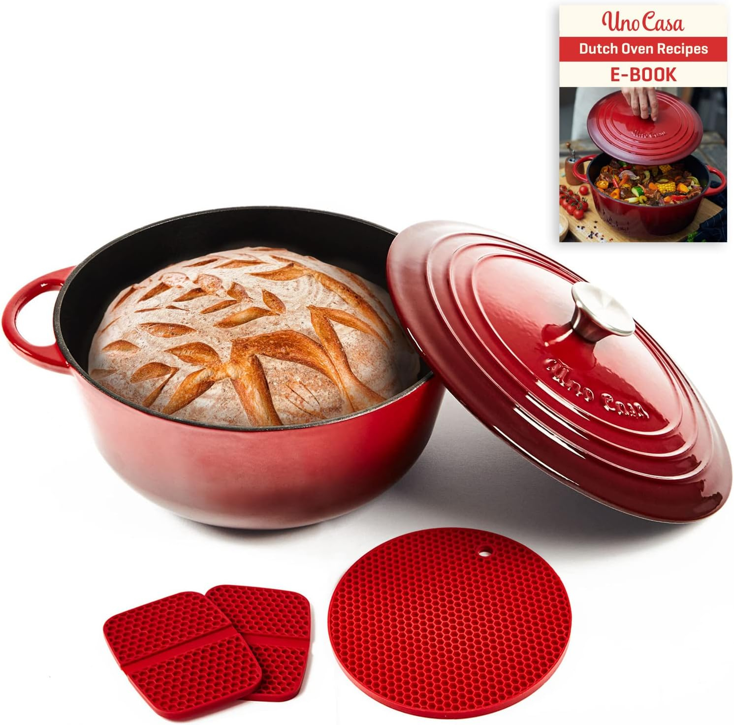 Uno Casa Enameled Cast Iron Dutch Oven - 6 Qt Dutch Oven Pot with Lid, Long-Lasting Enamel Dutch Oven for Bread Baking, Non-Stick Bread Dutch Oven, Enamel Cast Iron Cookware - Red Dutch Oven 6 Quart