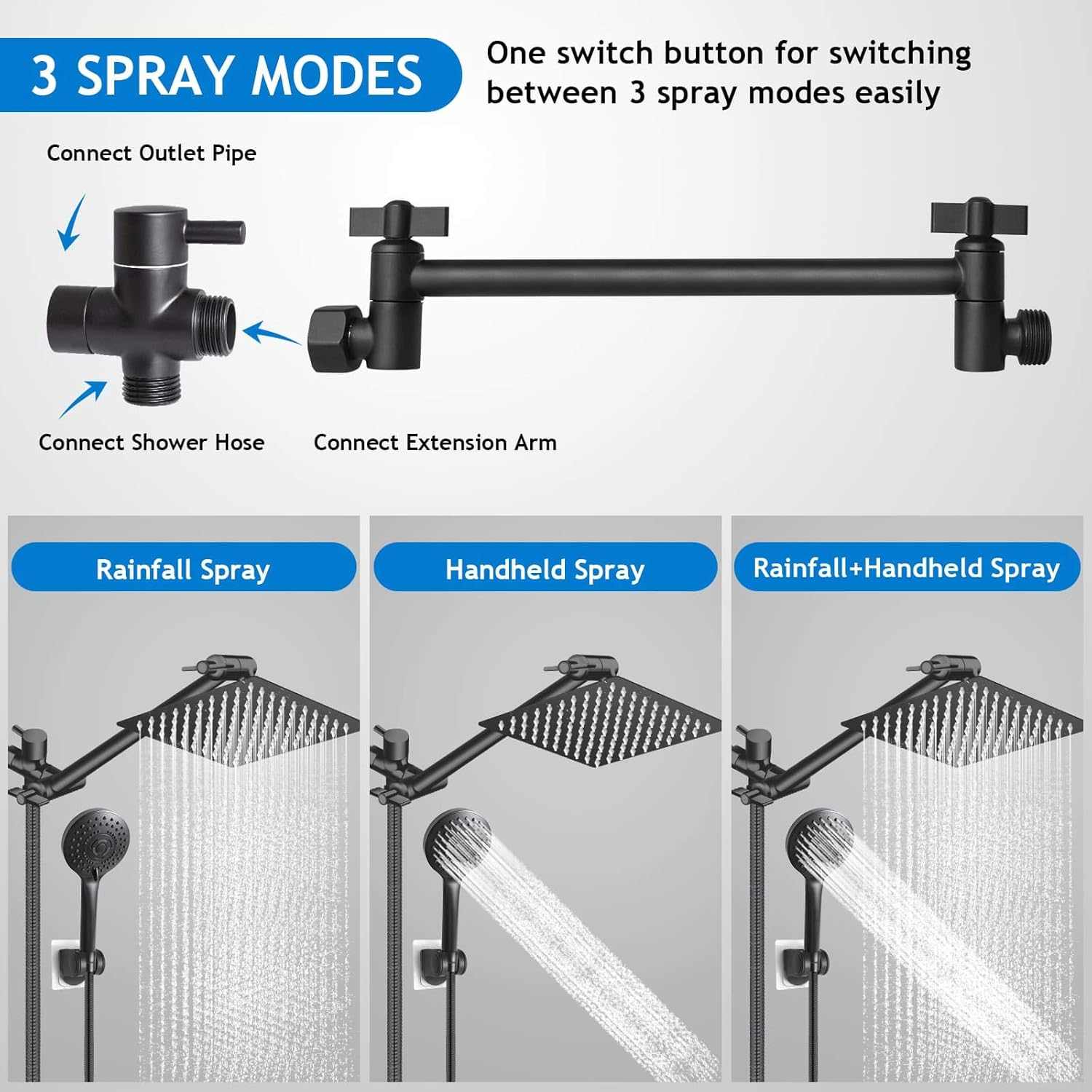 Shower Head with Hose, 8'' High Pressure Rain Shower Head, Handheld Shower Head Combo with 11'' Extension Arm, 5 Spray Settings Adjustable Shower Head with Holder, Height/Angle Adjustable