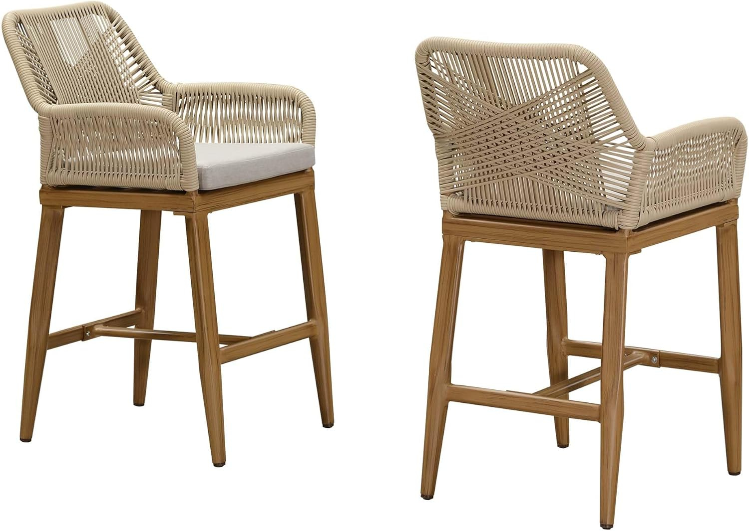 PURPLE LEAF Outdoor 24" Counter Height Bar Stools Chair Set of 2, All Weather Rattan and Aluminum Patio Bar Stool with Cushion for Indoor and Outdoor, Kitchen Island, Teak