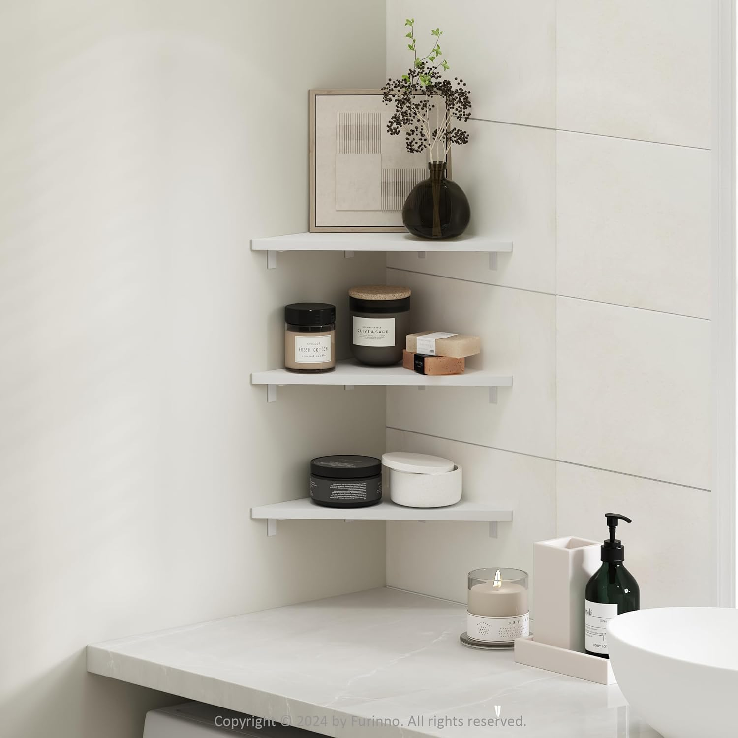 Furinno Triangle Corner Floating Shelves, Wall Mount Display Shelf, White, Set of 3
