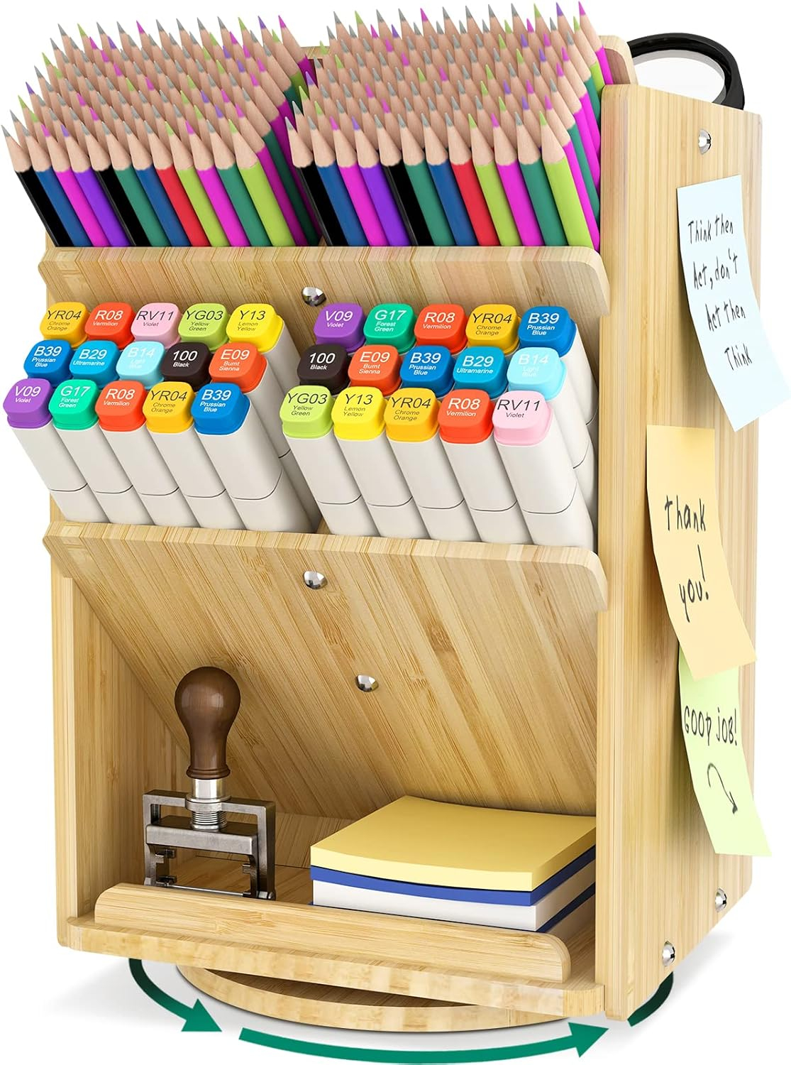 Bamboo Desk Organizer Storage Accessories - Ultra-large 13 compartments, 1000+ Pencil Holder Capacity, Easy DIY Assembly, Rotating Desktop Organizer, Cosmetics, and Office Supplies