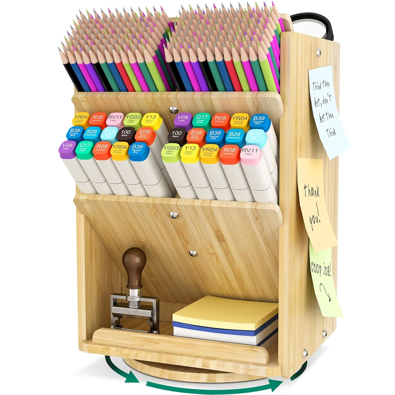 Bamboo Desk Organizer Storage Accessories - Ultra-large 13 compartments, 1000+ Pencil Holder Capacity, Easy DIY Assembly, Rotating Desktop Organizer, Cosmetics, and Office Supplies