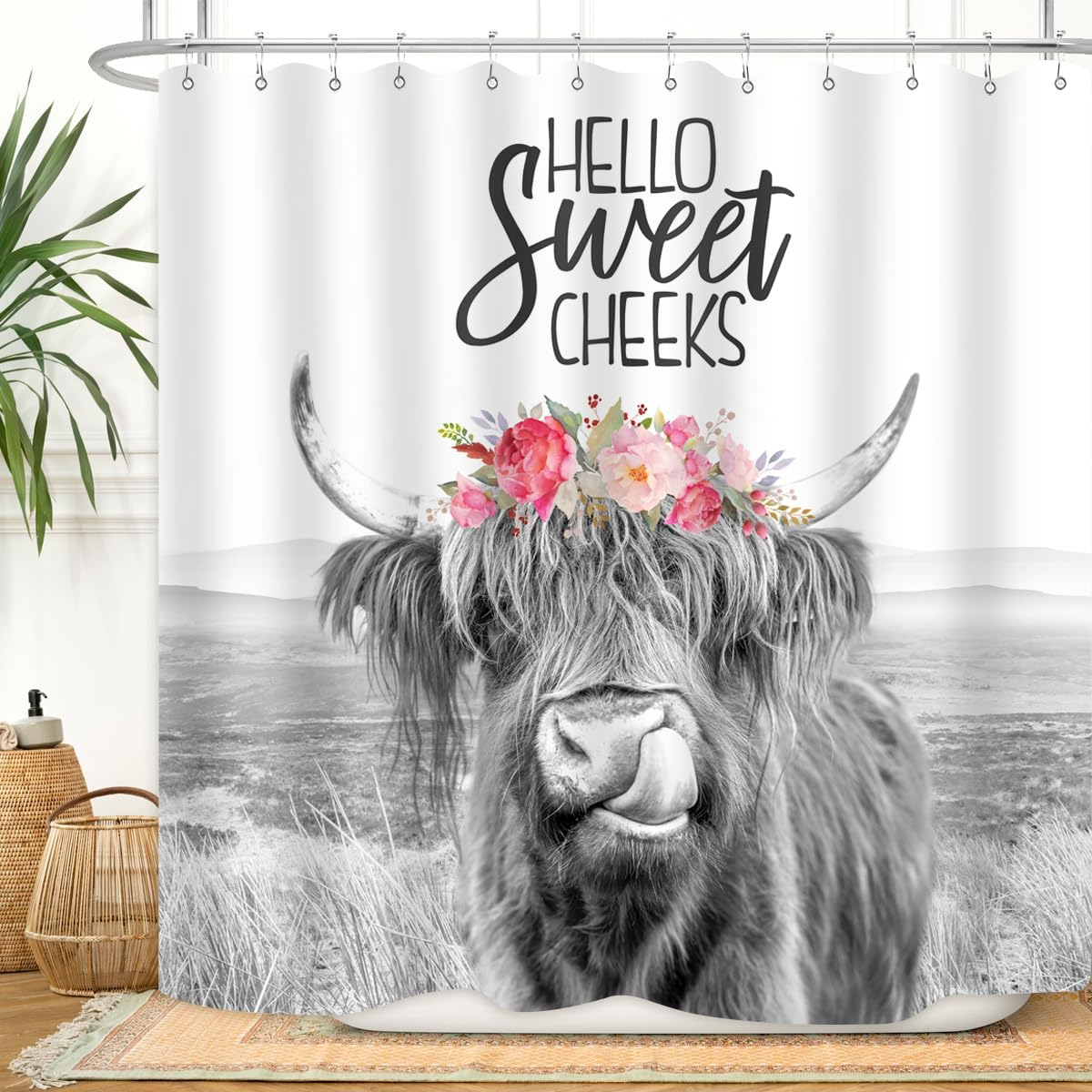 Farmhouse Highland Cow Shower Curtain Wildlife Bull Cattle Western Farm Grassland Vintage Rustic Animal Country Home Bathroom Decor Waterproof Fabric 72Lx72W Inch with Plastic 12PCS Hooks