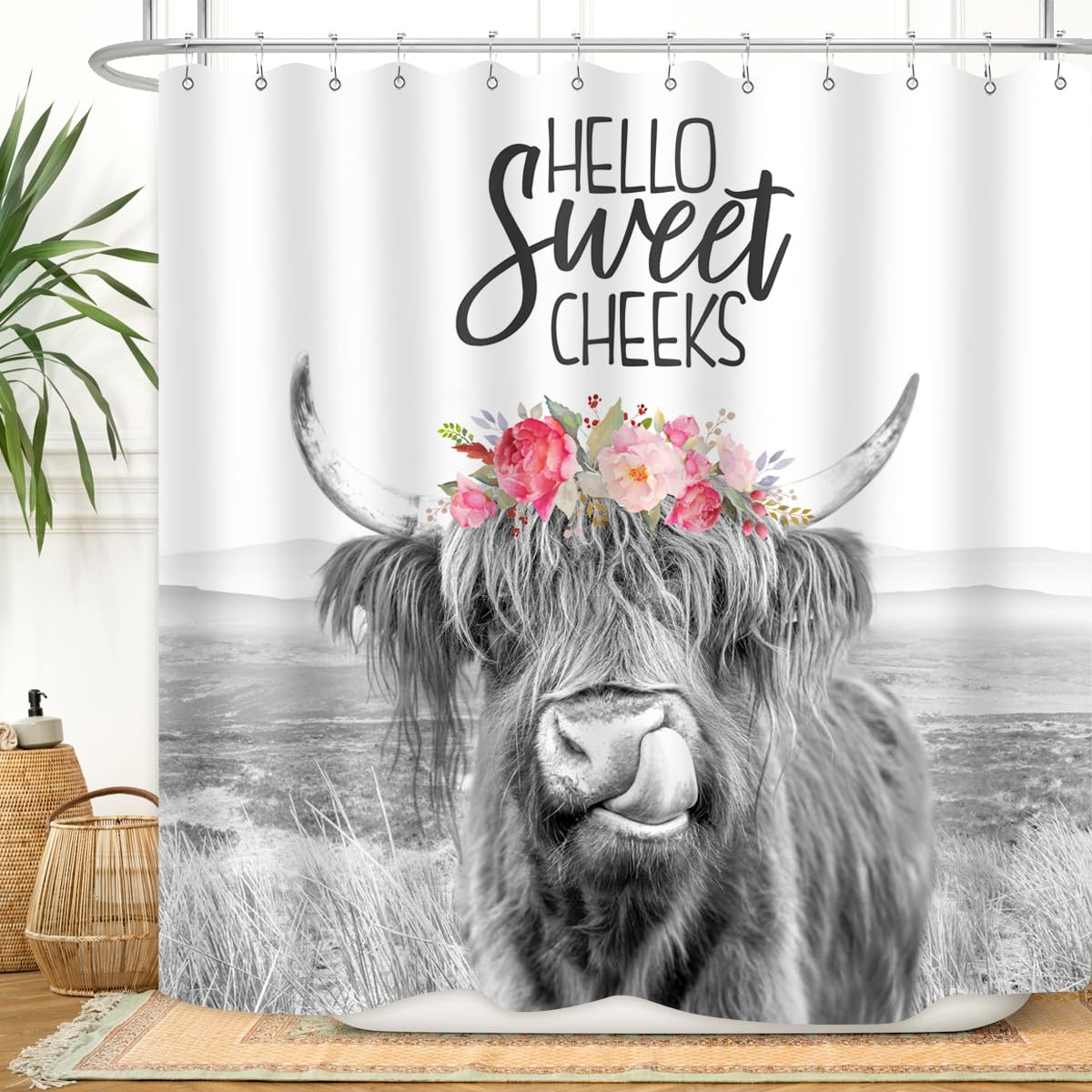Farmhouse Highland Cow Shower Curtain Wildlife Bull Cattle Western Farm Grassland Vintage Rustic Animal Country Home Bathroom Decor Waterproof Fabric 72Lx72W Inch with Plastic 12PCS Hooks