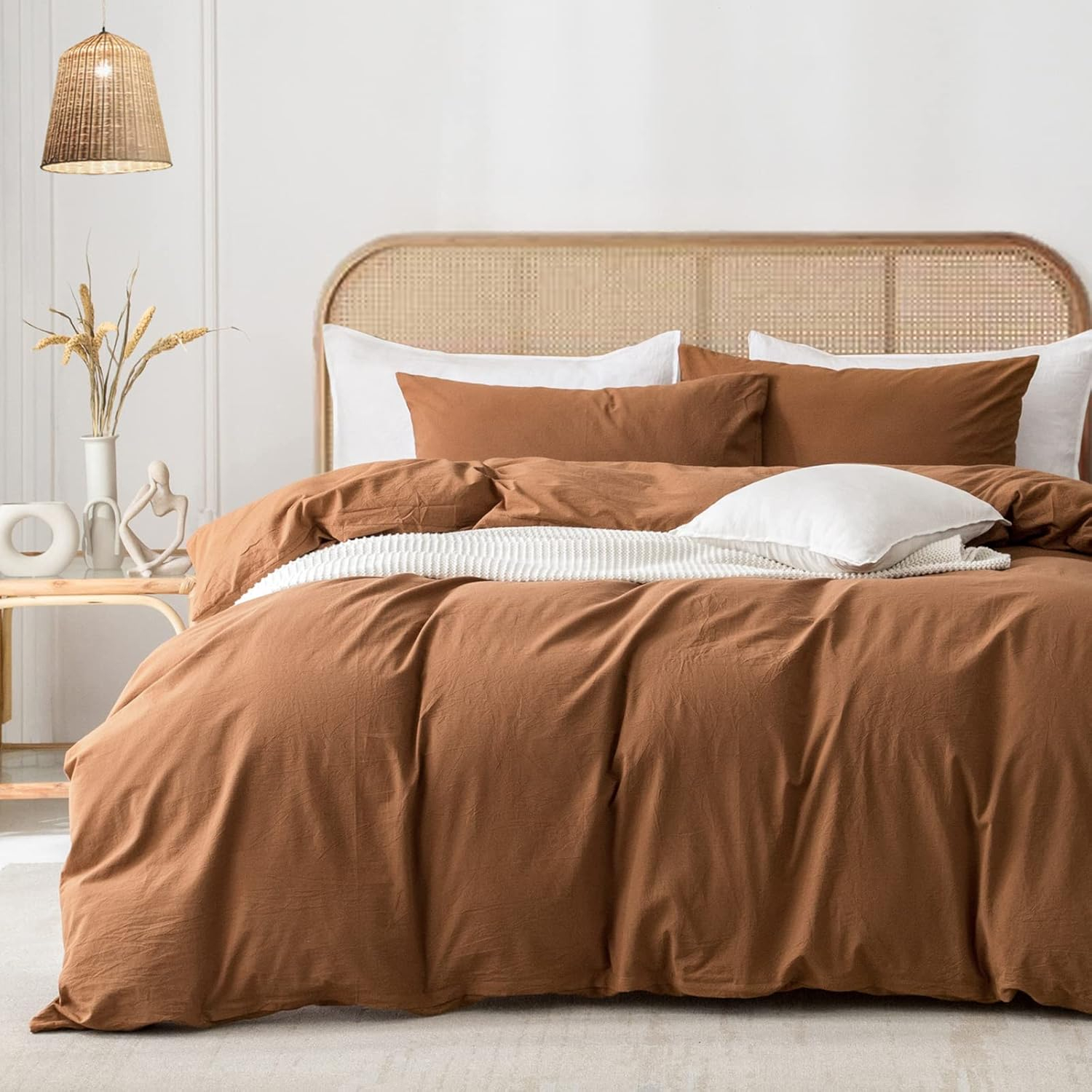 ZOVAN Duvet Cover Set 100% Washed Cotton Super Soft Breathable Durable (Crimson Red, Full)