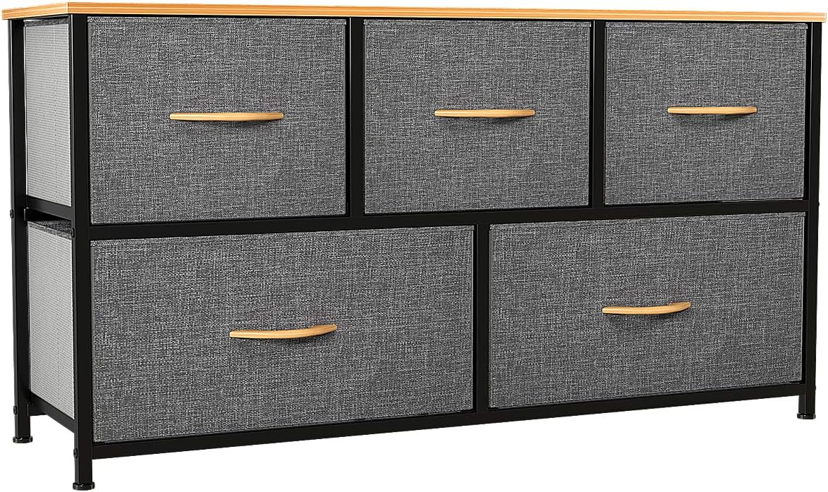 Cool Gray Fabric and Metal Nursery Dresser with Wooden Top