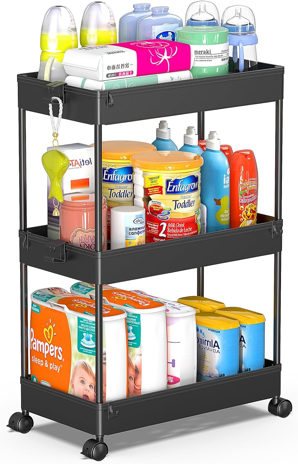 SPACEKEEPER Storage Rolling Cart 3 Tier, Laundry Room Organization Bathroom Cart Organizer Utility Mobile Shelving Unit Multi-Functional Shelves for Office, Kitchen, Black