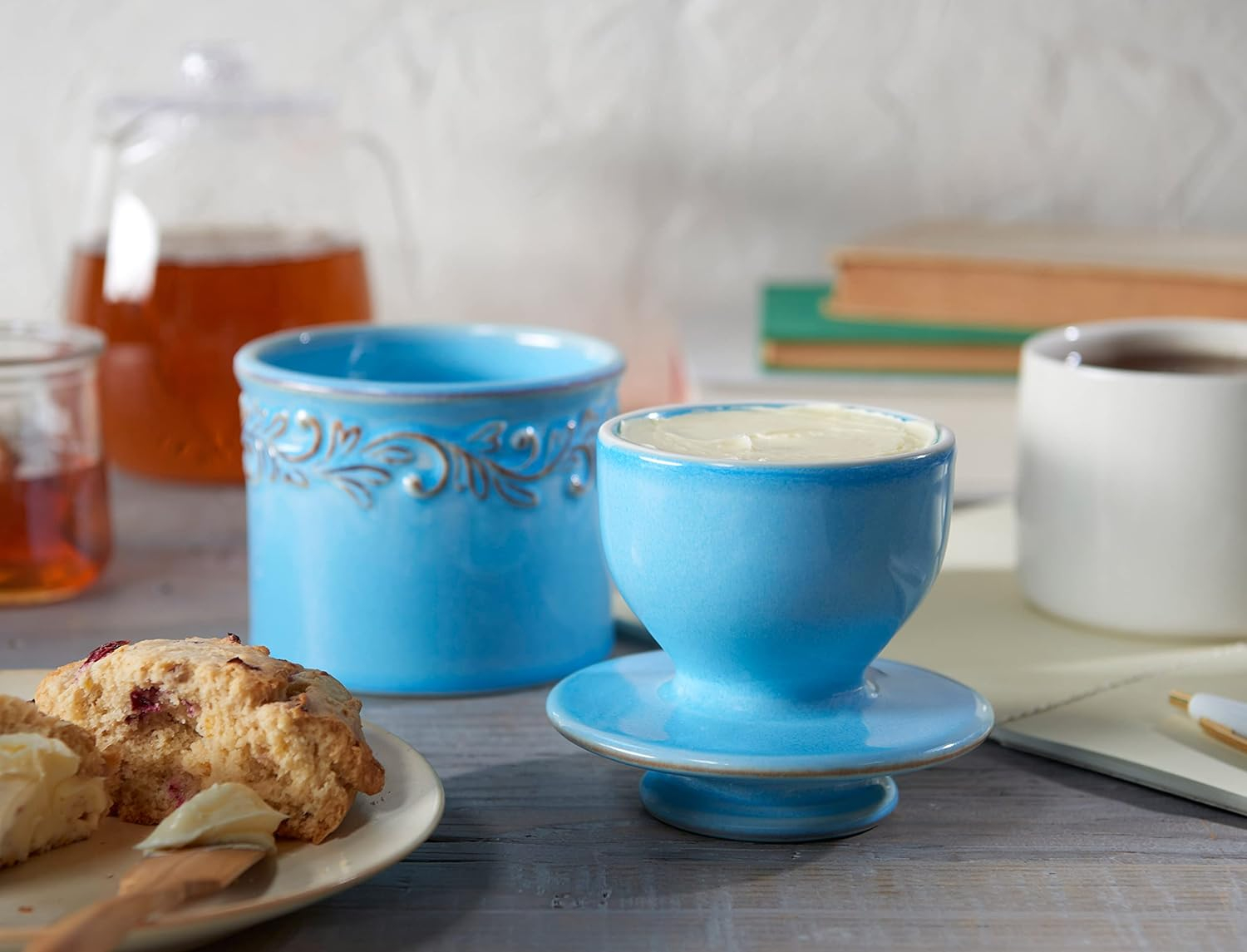 Light Powder Blue Ceramic Round Butter Dish with Lid