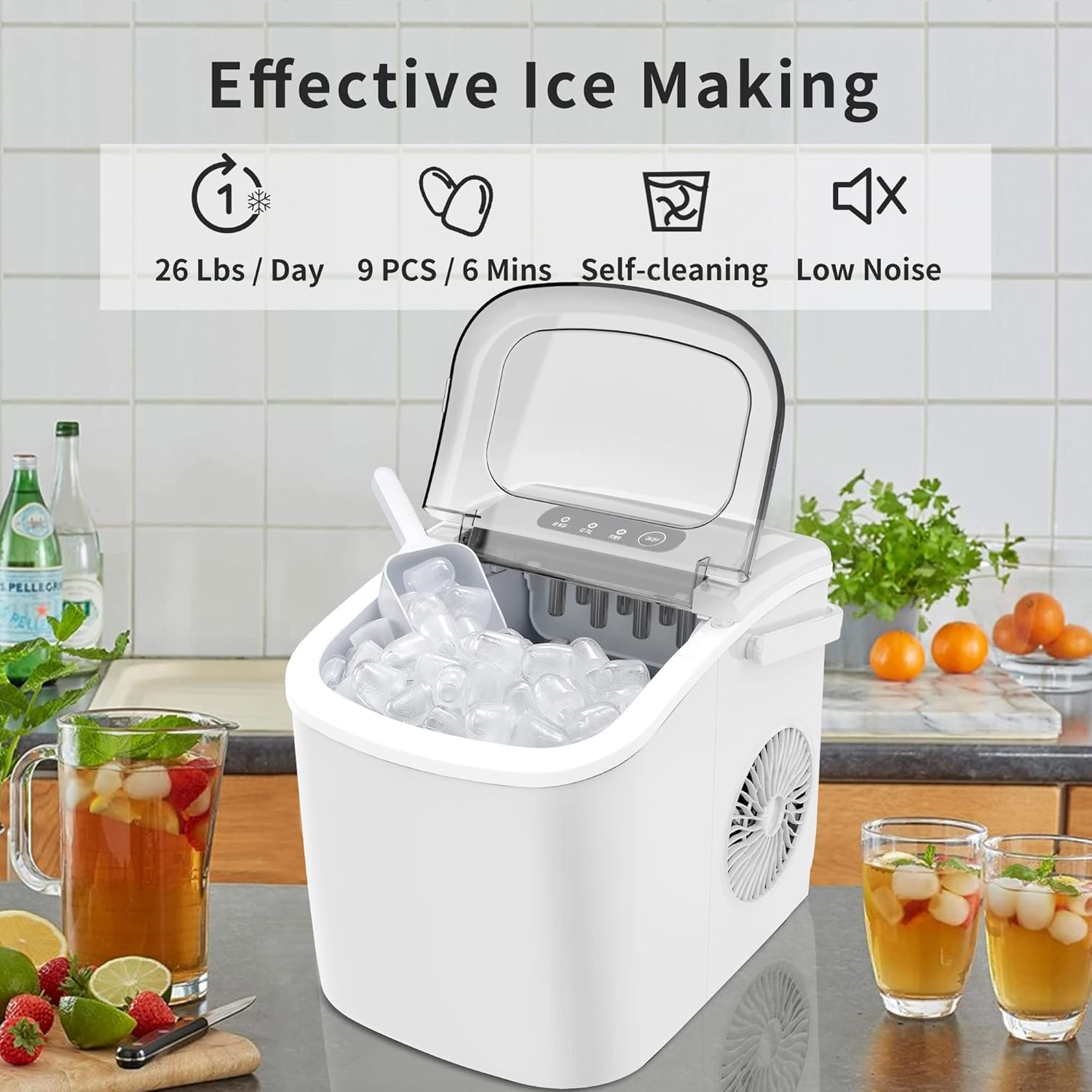 COWSAR Ice Maker Countertop, Portable Ice Machine with Self-Cleaning, 26.5lbs/24Hrs, 9 Bullet Ice Cubes in 6 Mins, Ice Basket and Scoop, Ideal for Home, Kitchen, Bar, Camping, White