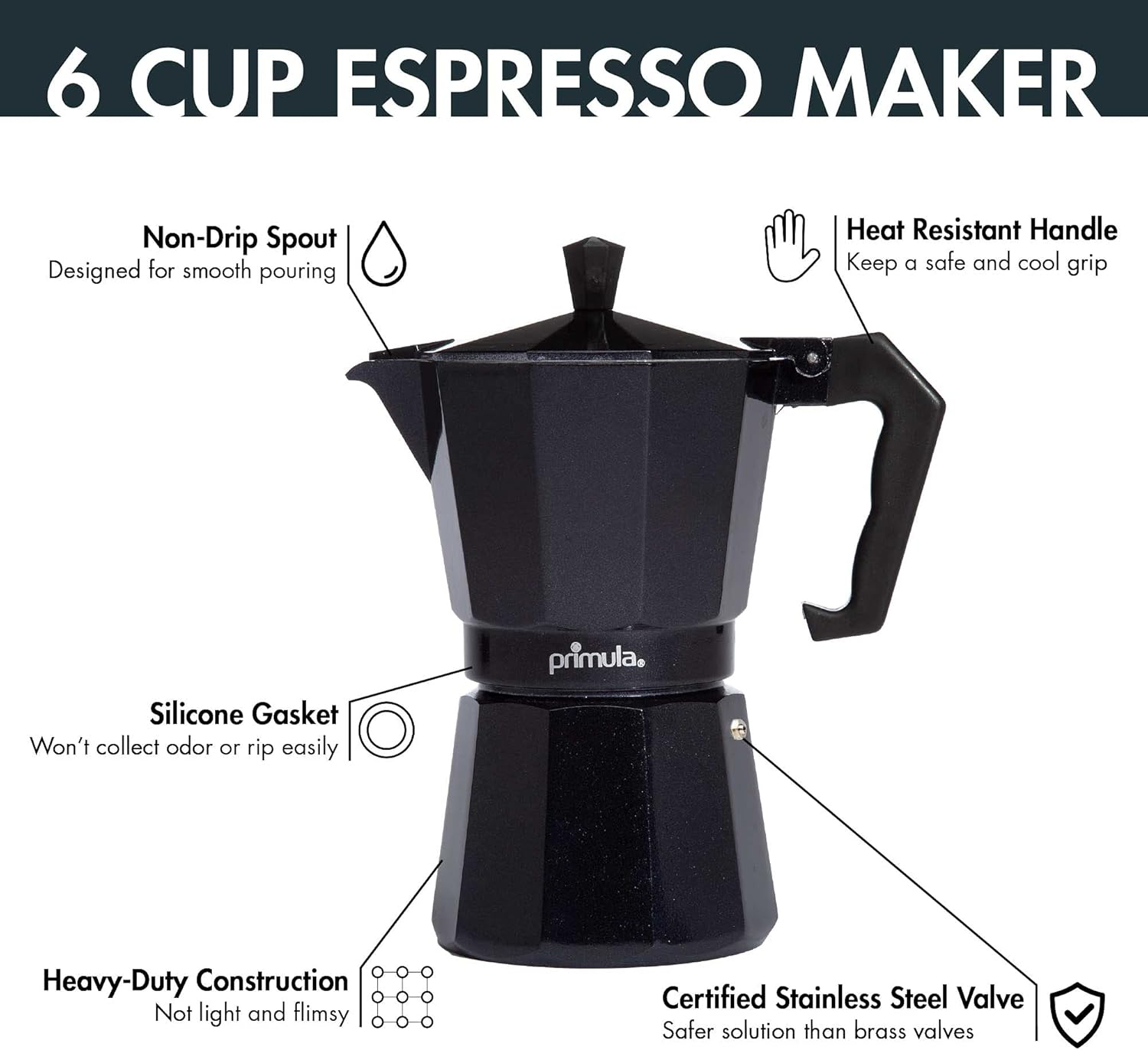 Primula PEBK-3306 6-Cup Aluminum Espresso Coffee Maker, Black