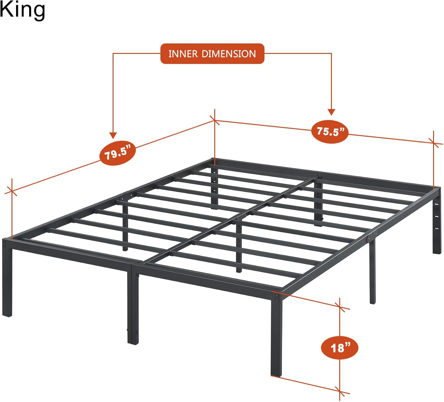 PrimaSleep 18 Inch Heavy Duty Steel Slat Anti-Slip Support, Easy Assembly Platform Bed frame, Noise Free Steel Mattress Foundation, Maximum Storage, No Box Spring Needed, Black, King Size