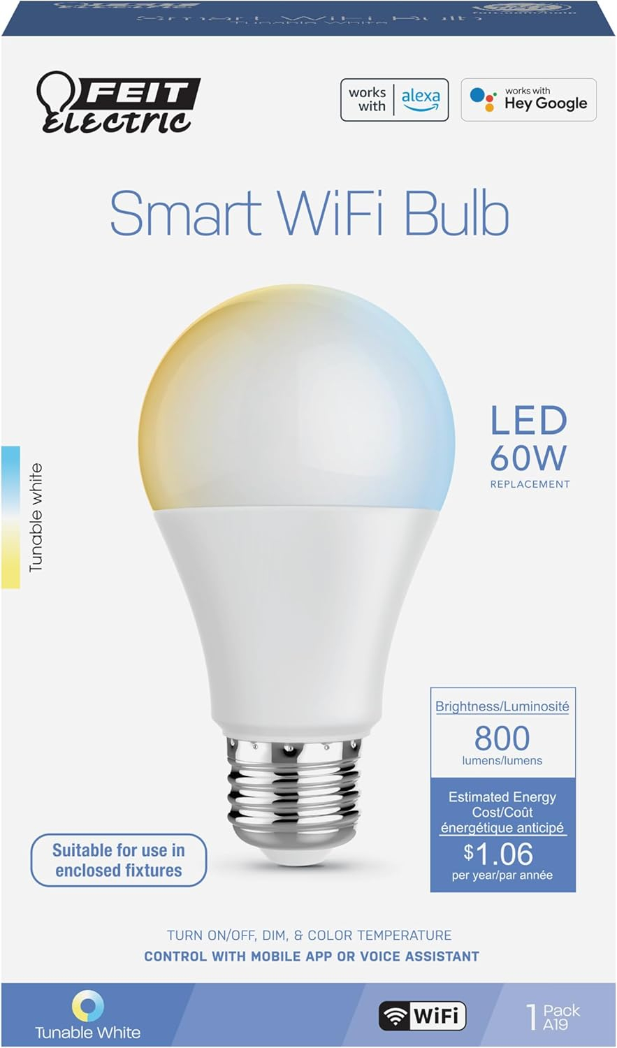 Feit Electric 8.8W (60W Replacement) Tunable White E26 Base A19 Smart WiFi LED Light Bulb