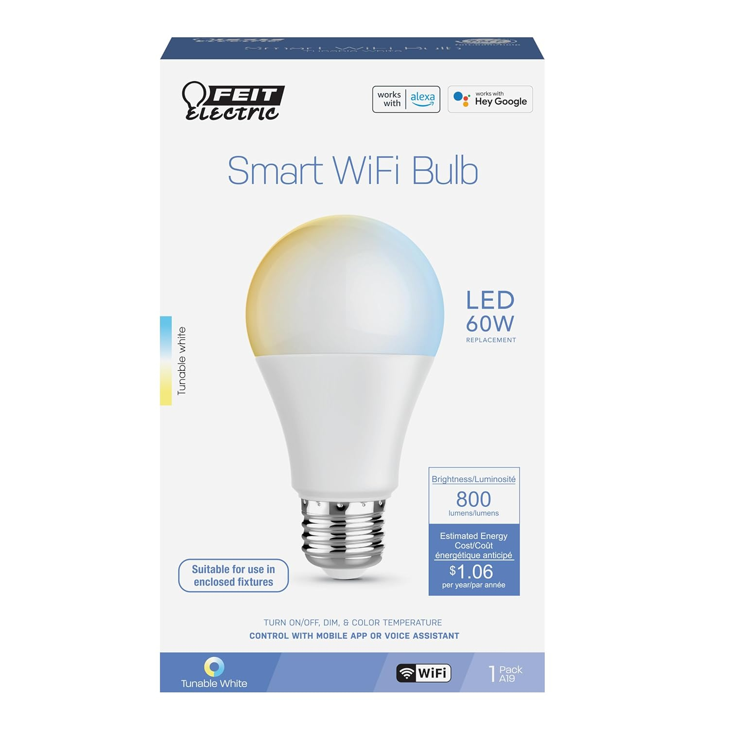 Feit Electric 8.8W (60W Replacement) Tunable White E26 Base A19 Smart WiFi LED Light Bulb