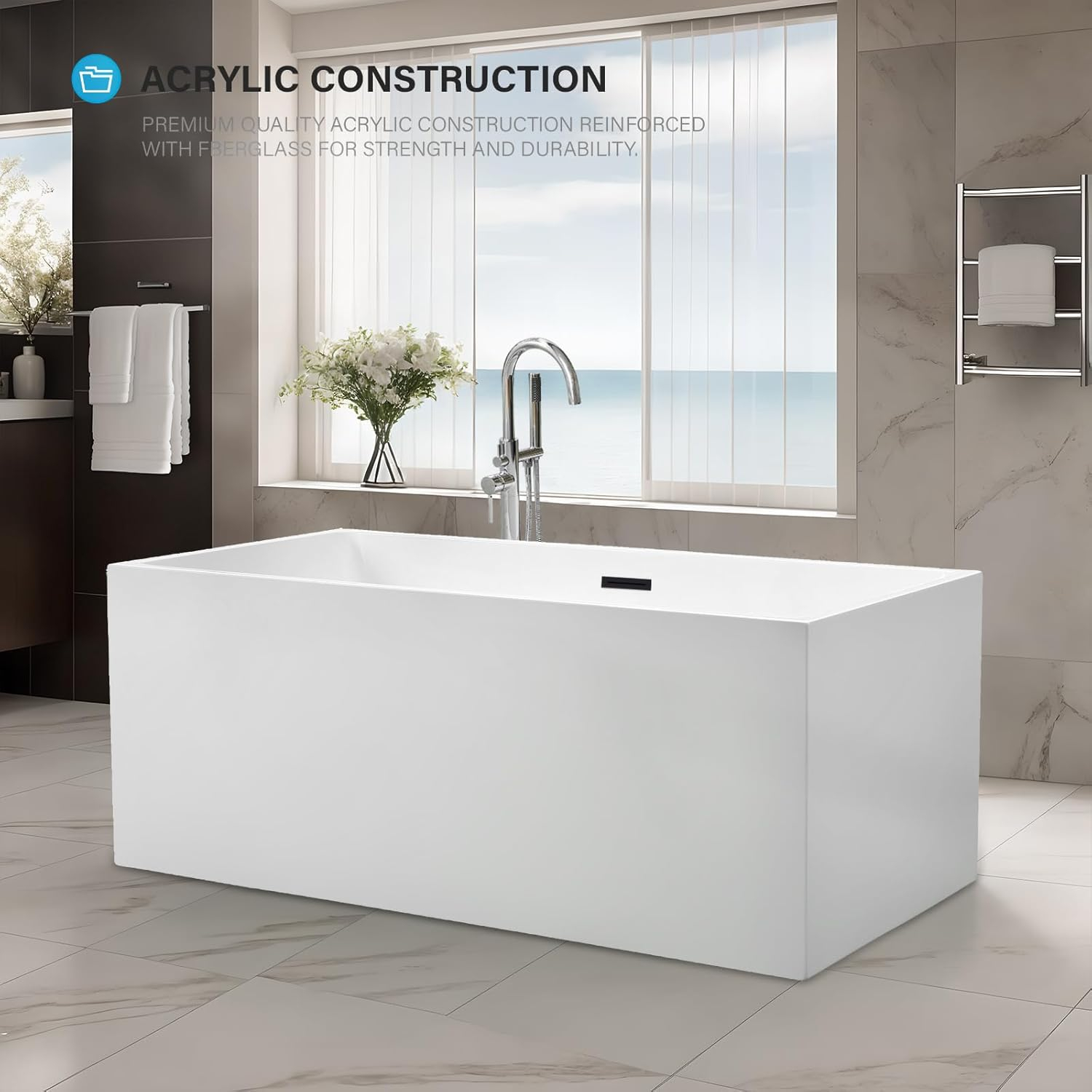 Vanity Art 67" Acrylic Freestanding Soaking Bathtub with Overflow and Pop-up Drain