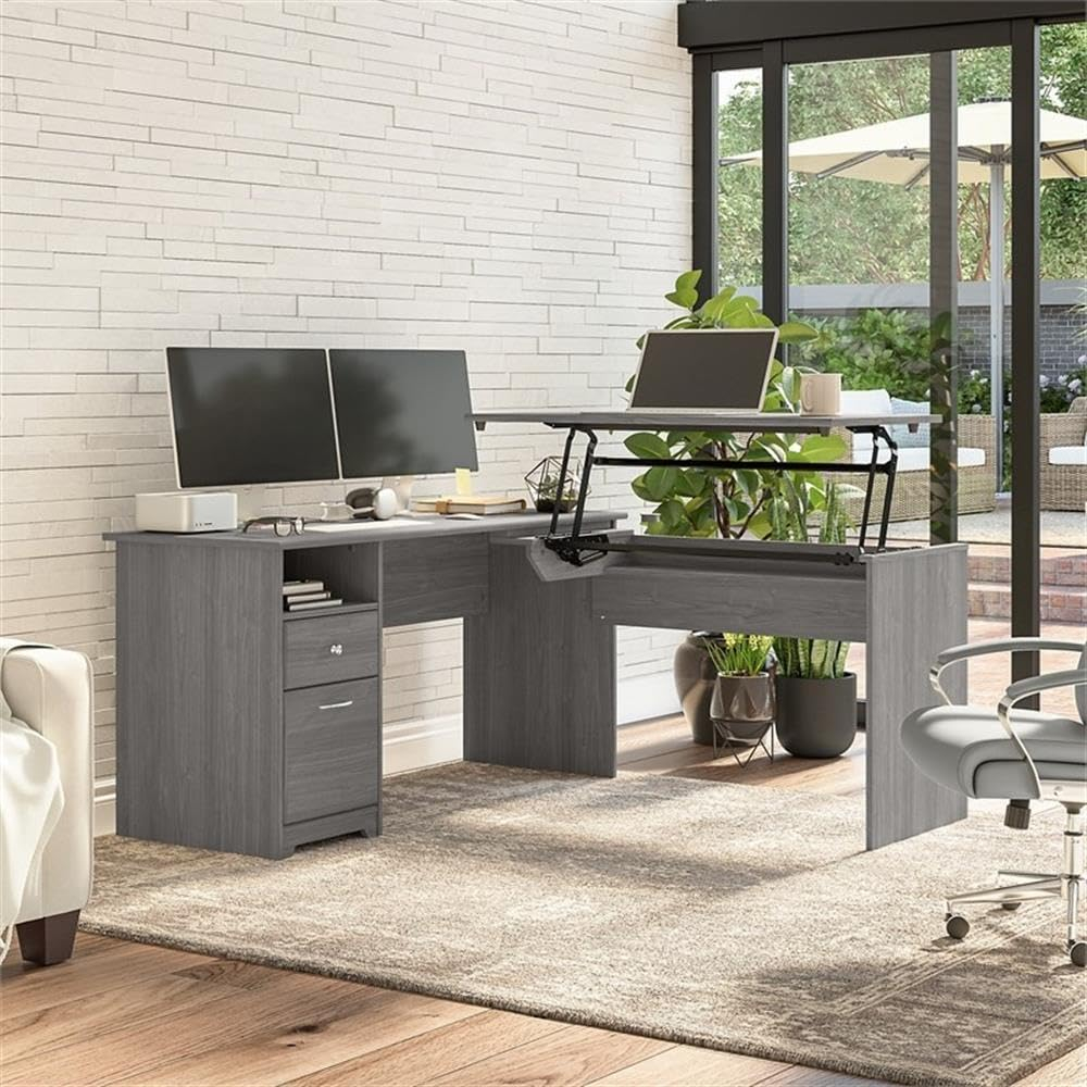 Modern Gray Adjustable Height L-Shaped Home Office Desk with Drawers