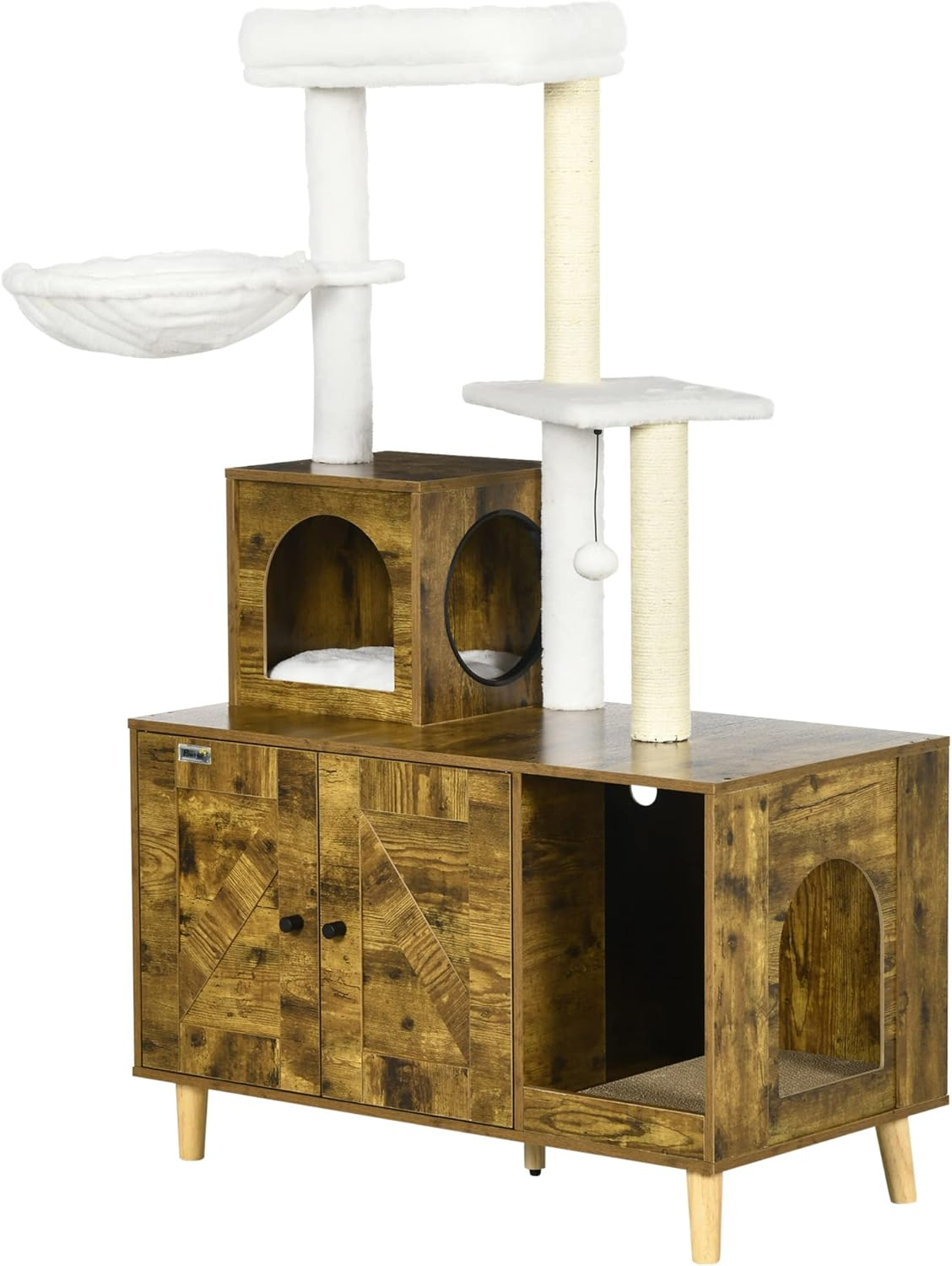 PawHut Cat Tree with Litter Box Enclosure, 2-in-1 Cat Tower Litter Box Furniture Indoor, Cat Condo with Hammock, Scratching Posts Pad, Rustic Brown