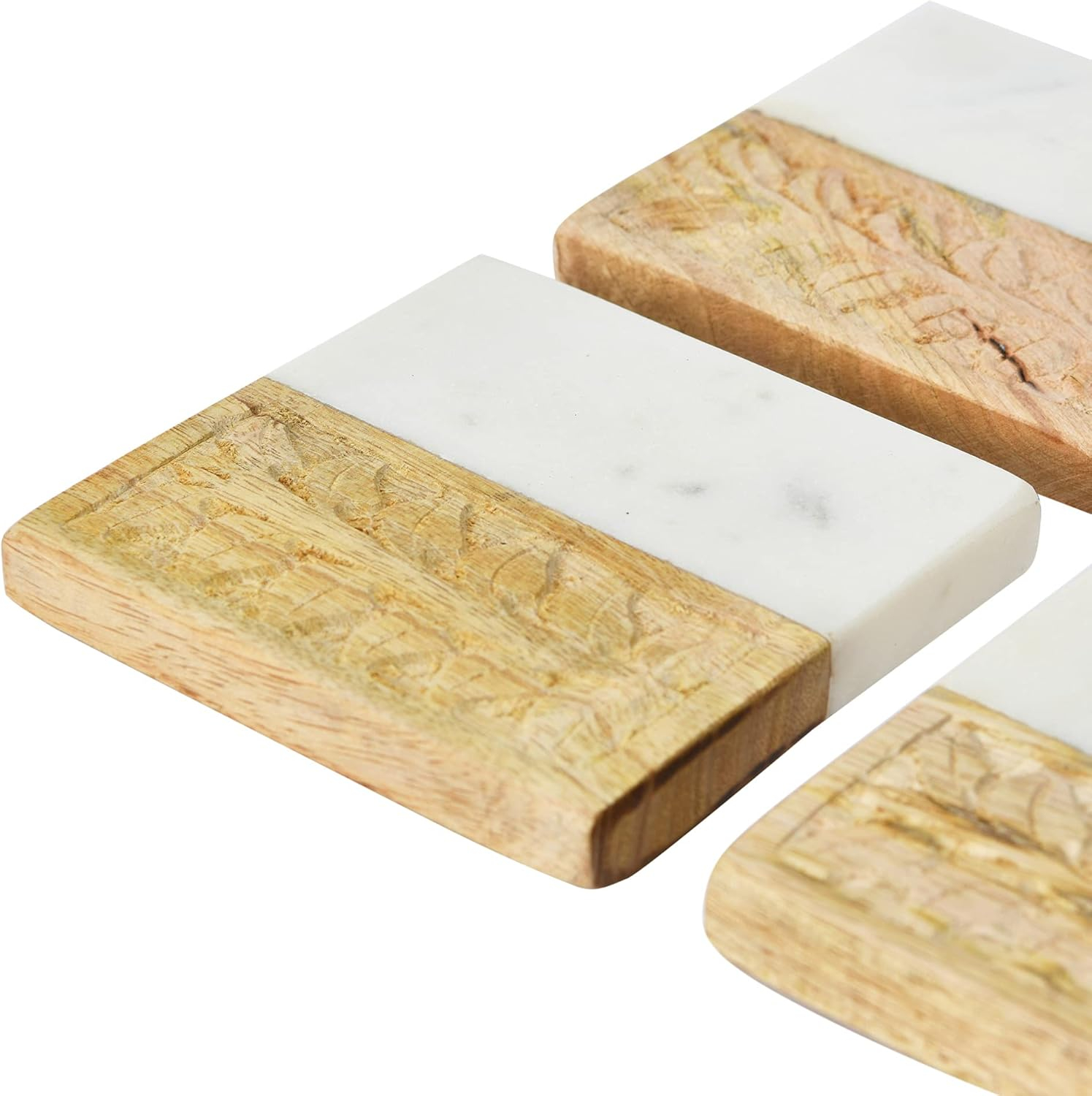Creative Co-Op Hand-Carved Engraved Mango Wood Square Trivets for Dining Table Coaster, Set of 4, White & Natural