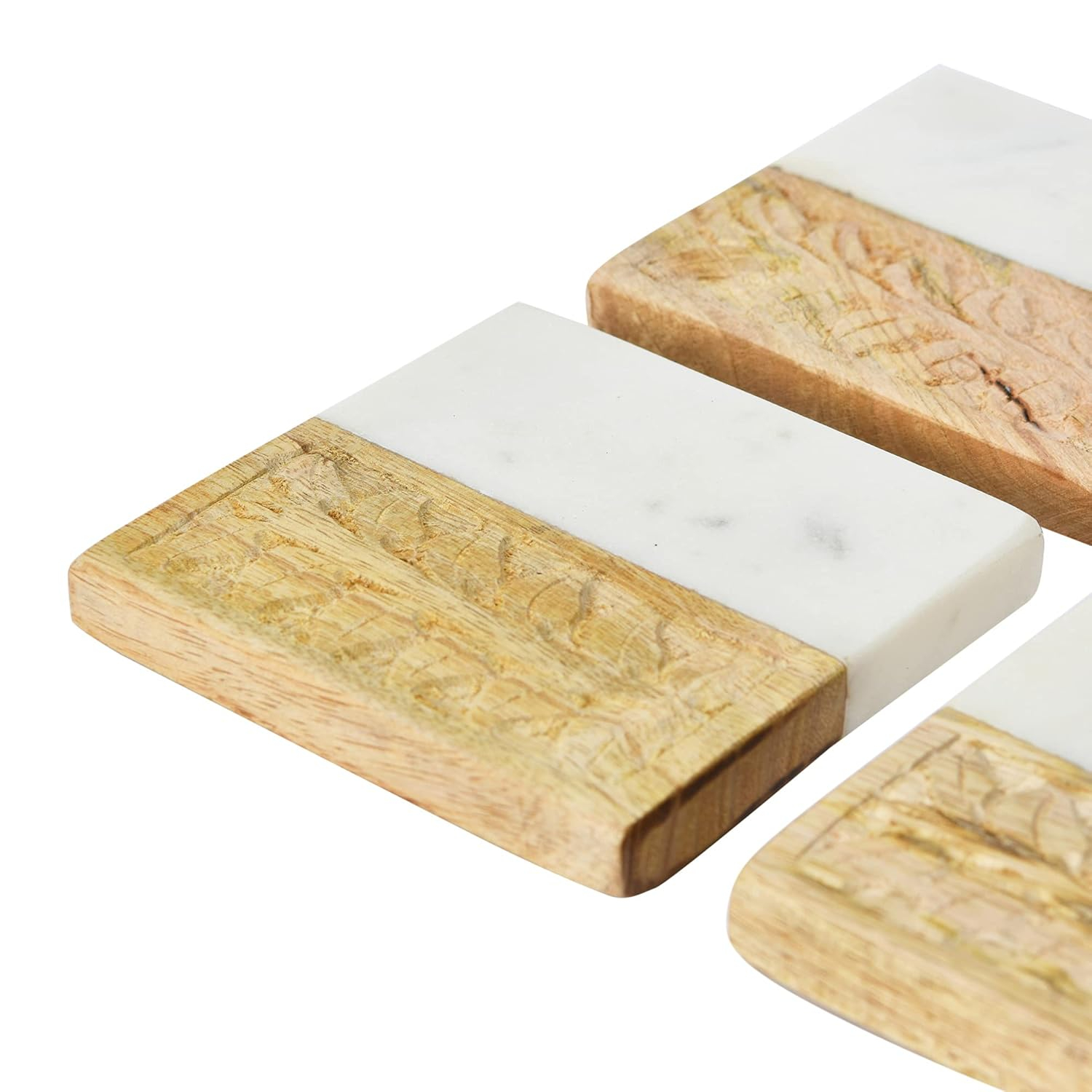 Creative Co-Op Hand-Carved Engraved Mango Wood Square Trivets for Dining Table Coaster, Set of 4, White & Natural