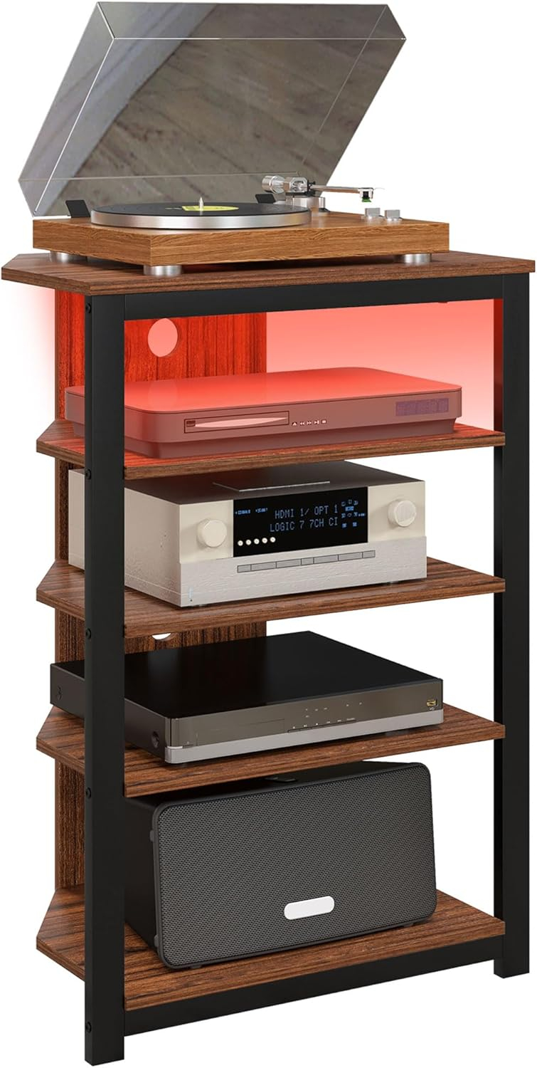 Kadyn Led Tv Stand, Entertainment Center With Storage Shelves And Steel Frame For Living Room, Brown