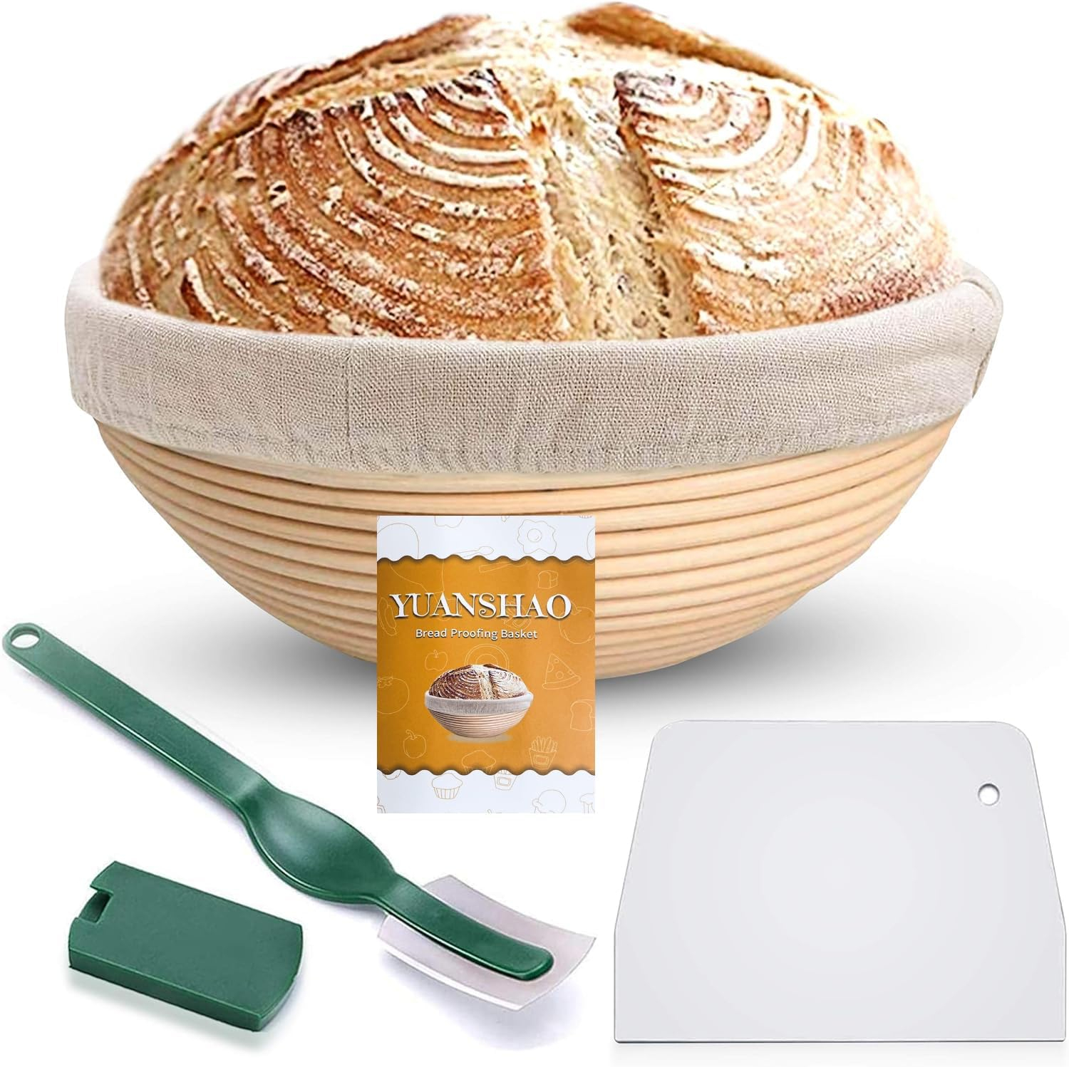 Bread Proofing Banneton Set - 9 Inch Round Natural Rattan Basket With Linen Liner Cloth and Sourdough Scraper Tool - Ideal Gift for Professional or Home Bakers