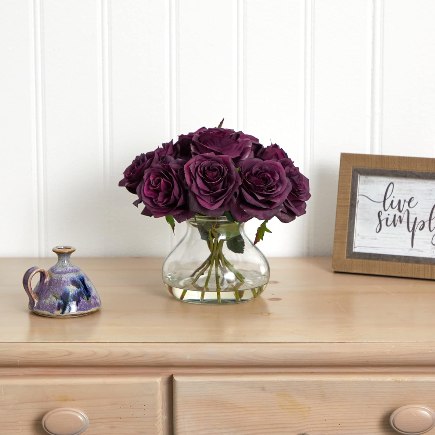 Nearly Natural Rose Arrangement Artifcial Flowers with Vase, Purple