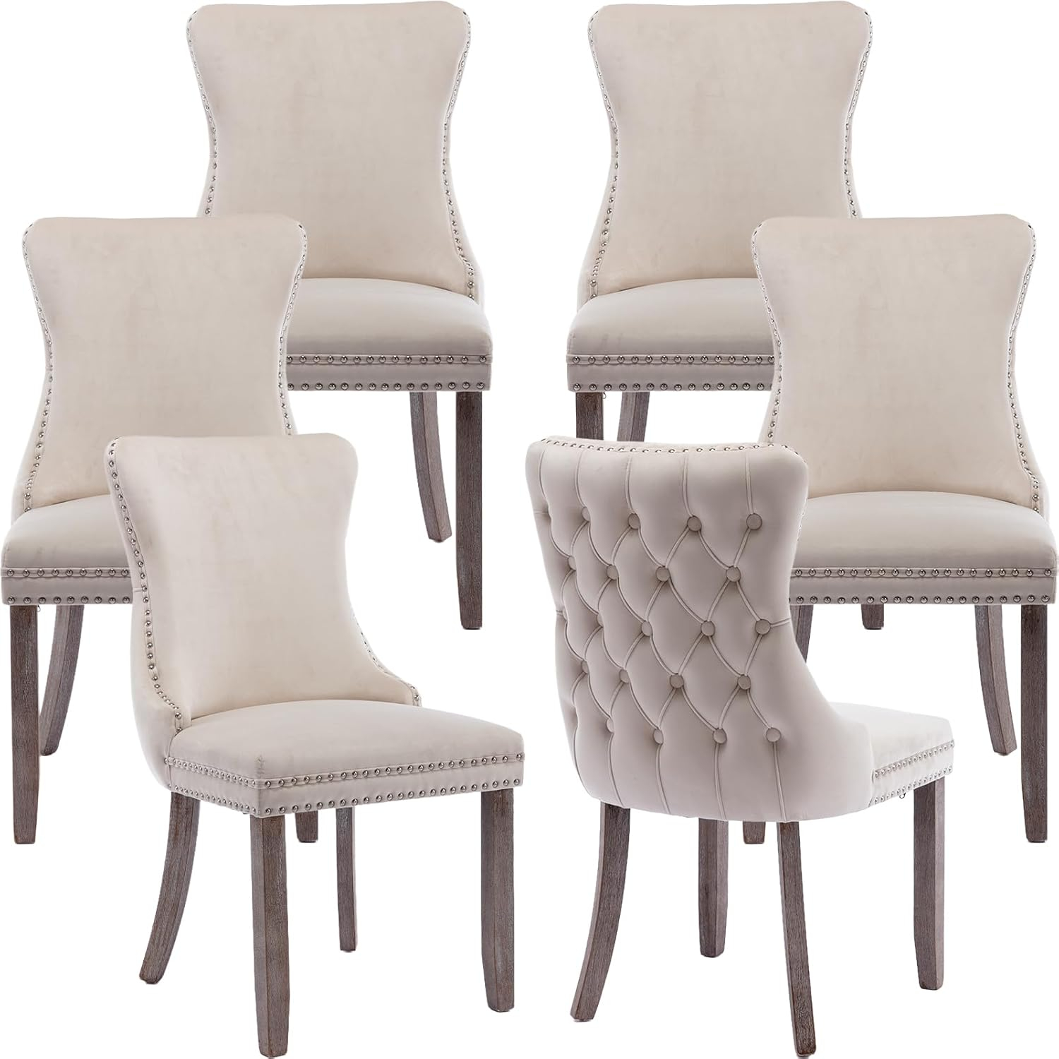 ODUSE-DAILY Beige Velvet Dining Chairs Set of 6, Kitchen & Dining Room Chairs, Sillas De Comedor, Nailheads Tufted, Fabric Upholstered, Solid Wood Frame (Beige, 6 Pcs)