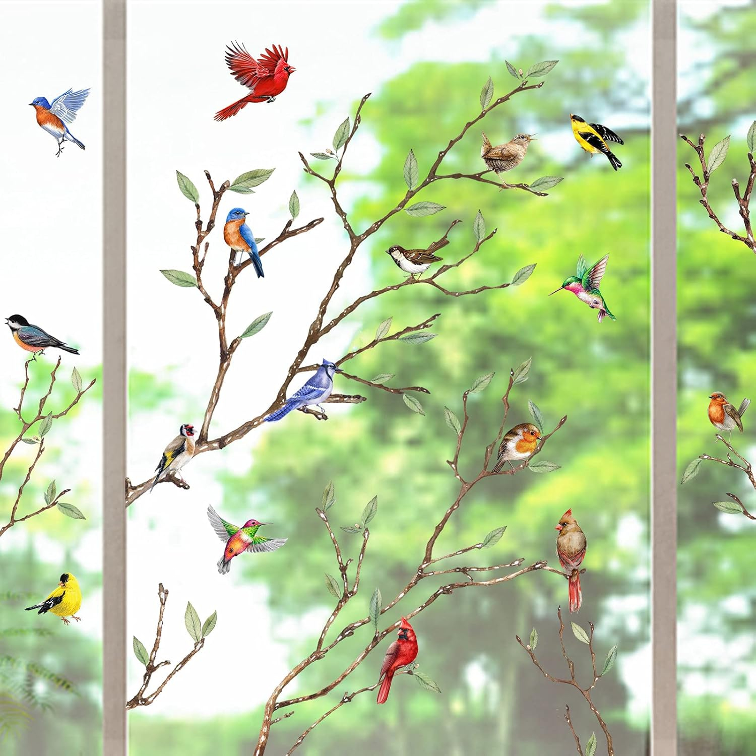 Yovkky Spring Summer Tree Branch Bird Strike Window Cling 9 Sheet, Anti Collision Cardinal Wall Glass Sticker Decal Hummingbird Bluebird Robin Decor, Fall Autumn Home Kitchen Office Fridge Decorations
