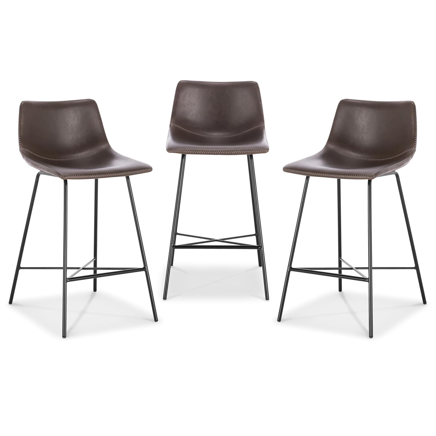 5Rcom 600 lbs Counter Height Bar Stools Set of 3, 24 Inch Faux Leather Barstools with Back, Bar Chairs with Metal Legs for Kitchen Island, Dining Room, Party Room & Restaurant, (Brown)