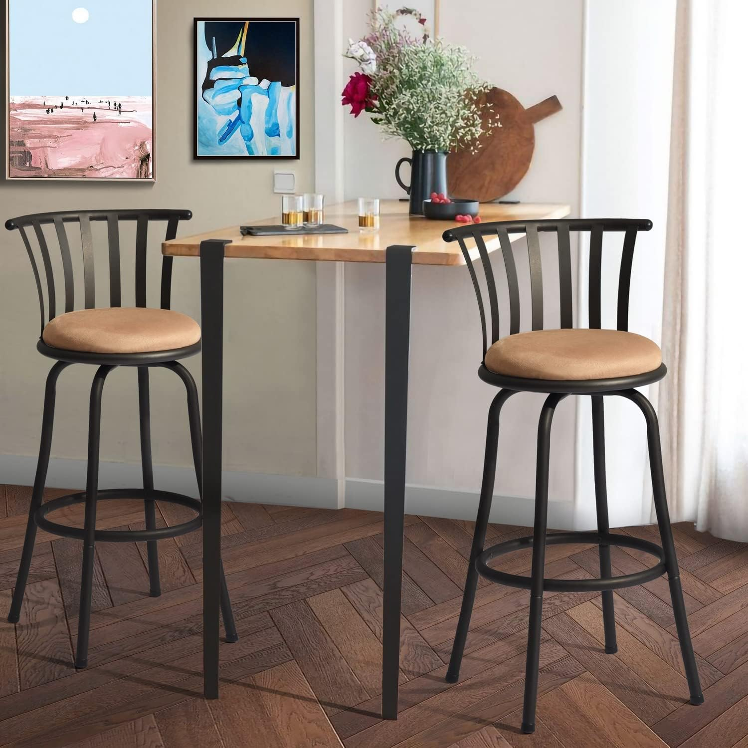 Camel Brown Metal Swivel Bar Stool with Microsuede Seat