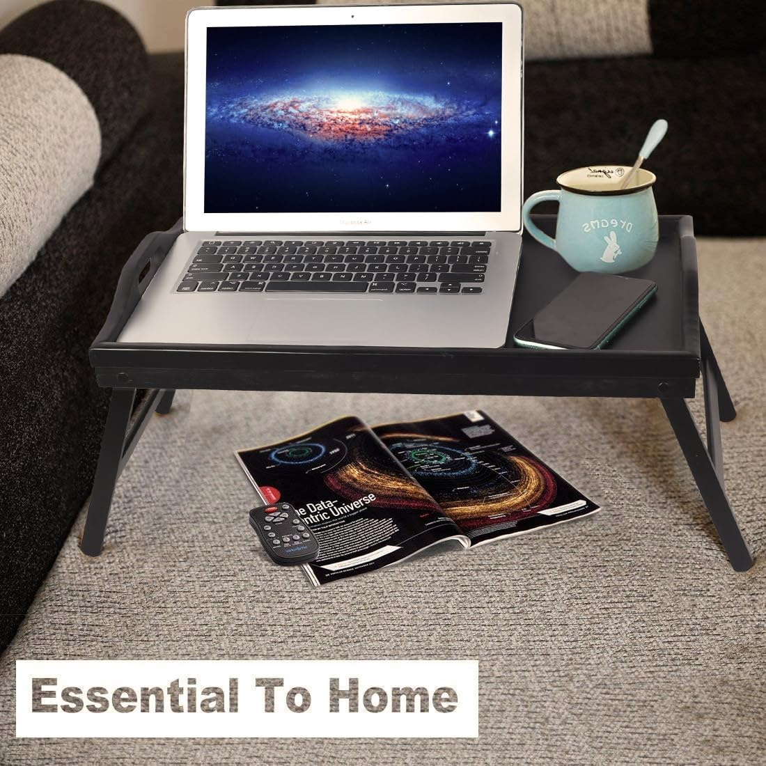 Multi-Purpose Bamboo Wood Lap Desk - Folding Legs, Breakfast Food Tray, Serving Dinner Tea TV Tray - Lightweight, Minimalist Black