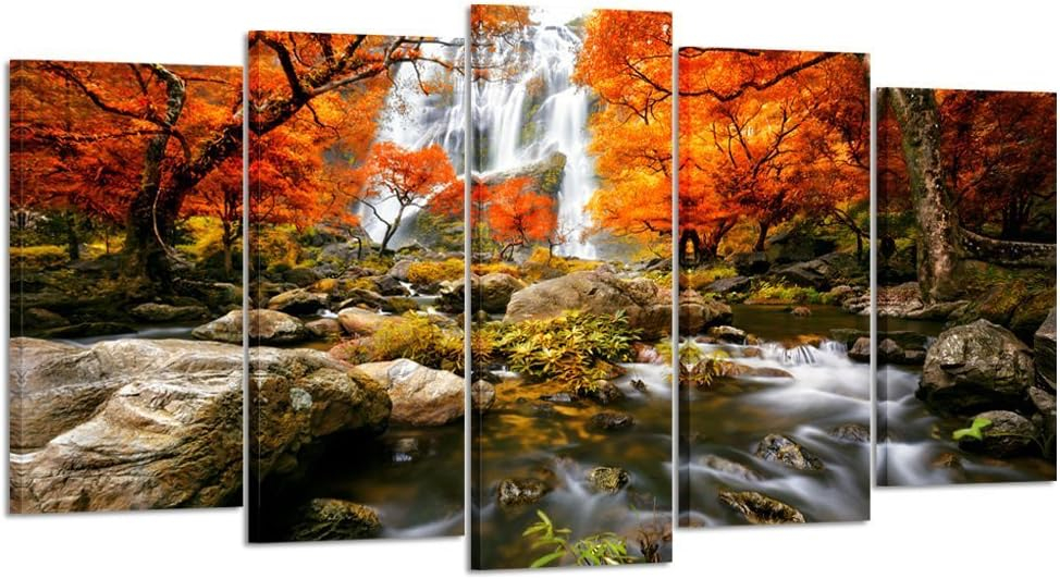 KREATIVE ARTS - Autumn Forest Waterfalls 5 Piece Modern Wrapped Giclee Canvas Prints Artwork Landscape Tree Paintings Pictures on Canvas Wall Art for Living Room (Large Size 60x32inch)