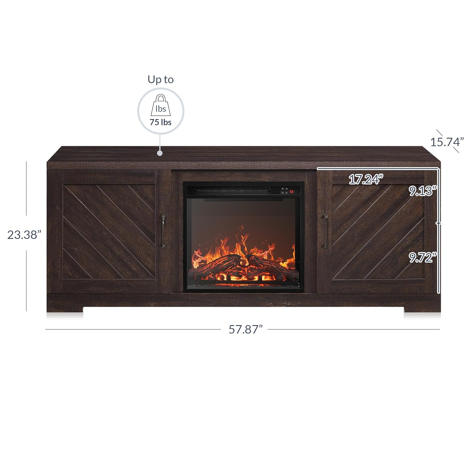 BELLEZE 58" Farmhouse TV Stand Media Entertainment Center For TVs up to 65" with 18" Fireplace - Hilo (Espresso)