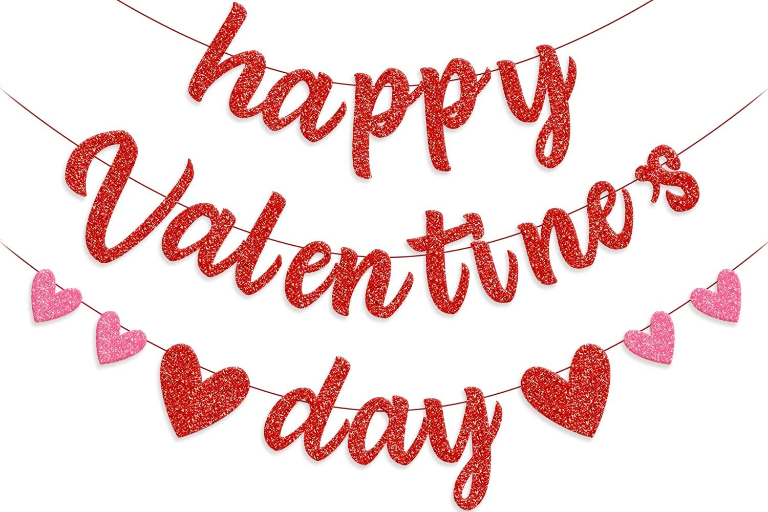 Glittery Heart Valentine's Day Banner, Red & Pink Sparkling Hollow Heart Shape DIY Paper Banner for Wedding Decoration
