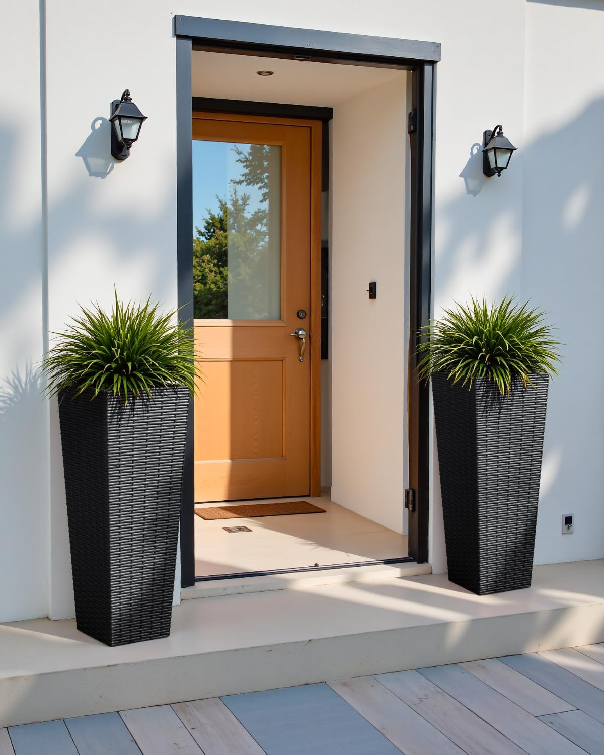Greesum 32 Inch Tall Plastic Planters with Rattan Texture – Set of 2, Detachable Inner Pot & Drainage Holes, Indoor/Outdoor Decorative Flower Pots for Large Plants, Trees, Patio, and Garden, Black