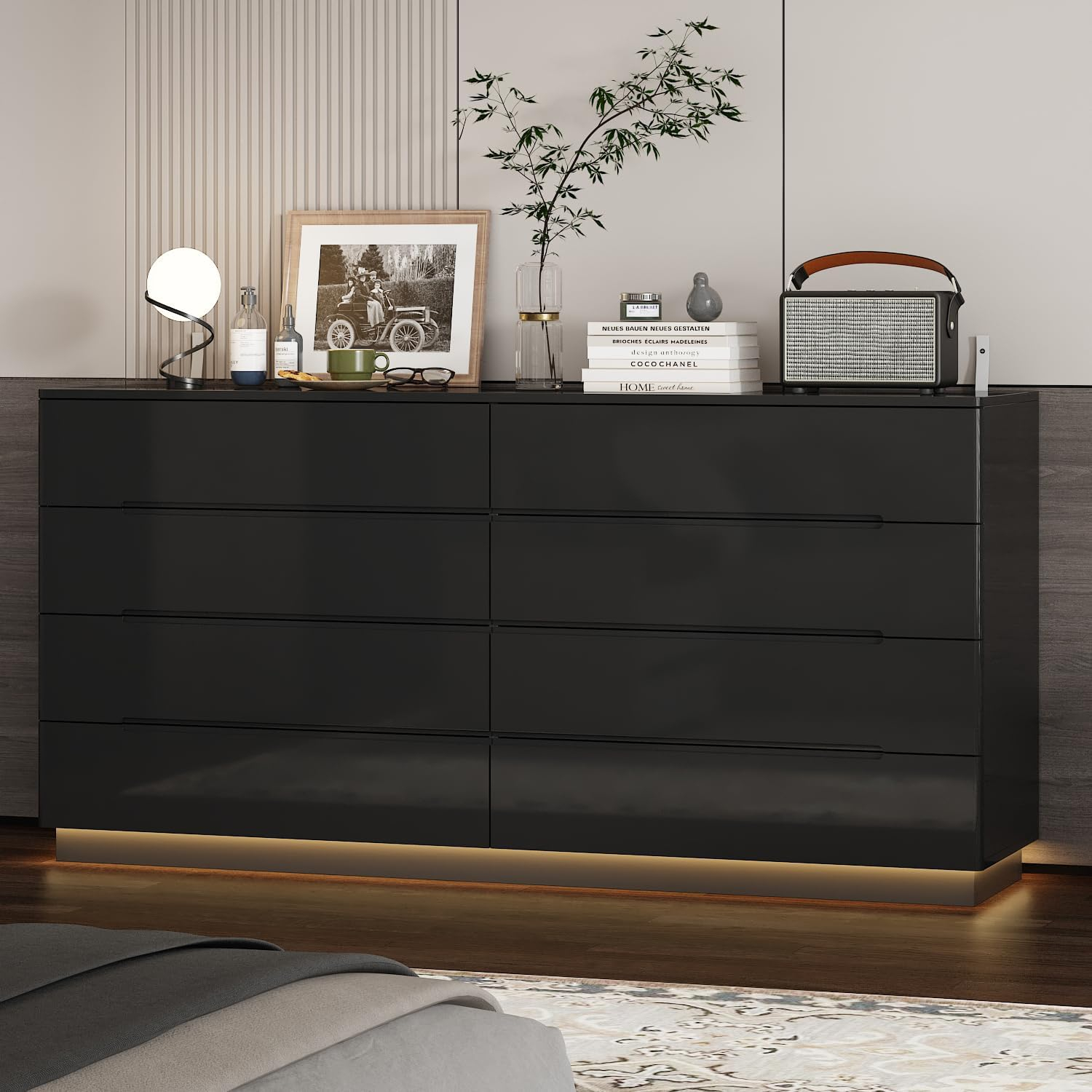 Black 8-Drawer 63 in. W Wood Double Dresser Chest of Drawers Bedroom Storage Organizer in With High Gloss and LED Lights