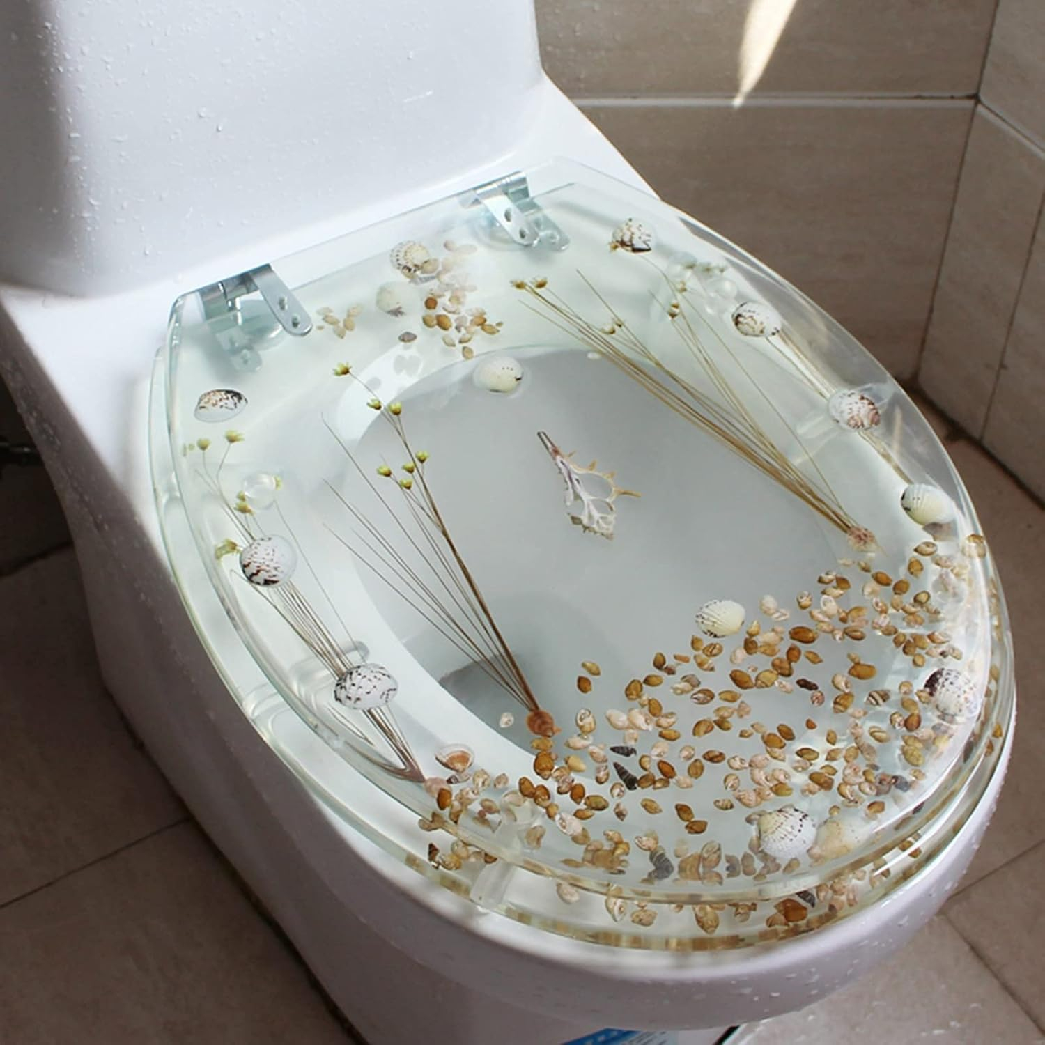 Transparent Resin Shell Polyresin Toilet Seat, Decoration Transparent Safety U/V Shape Seashell Sea Plants Decor Bathroom Toilet Seat with Hinges