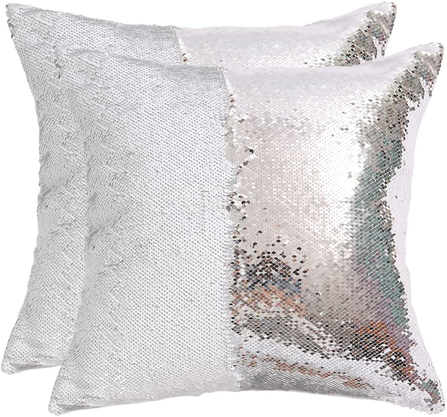 Eternal Beauty Set of 2 Silver Pillow Cover Sequin Decorative Pillow Covers for Couch Sofa Throw Pillows 18 X 18 Inches