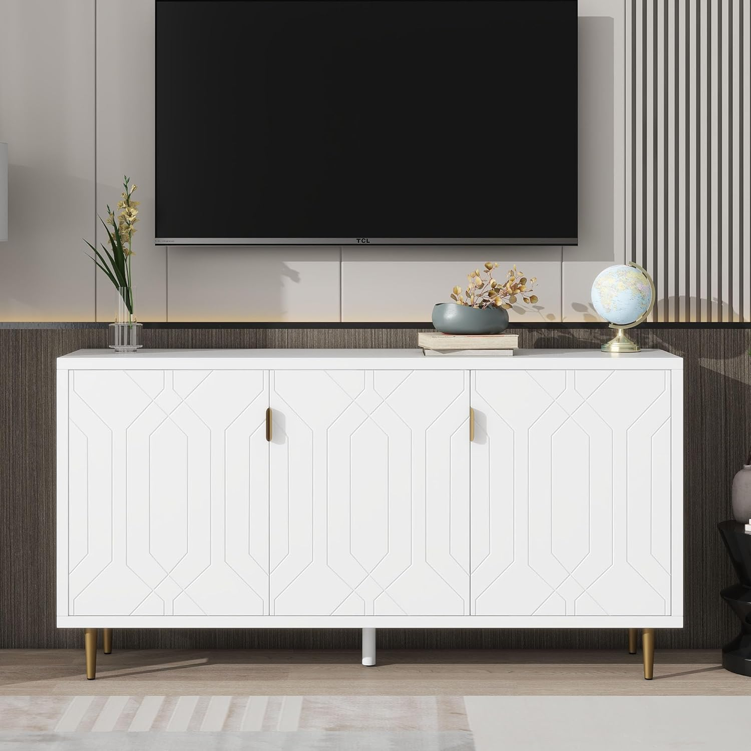 Merax Modern TV Stand Fits TVs up to 70", Television Console with 3 Doors & Adjustable Shelves & Storage Cabinets for Living Room, White
