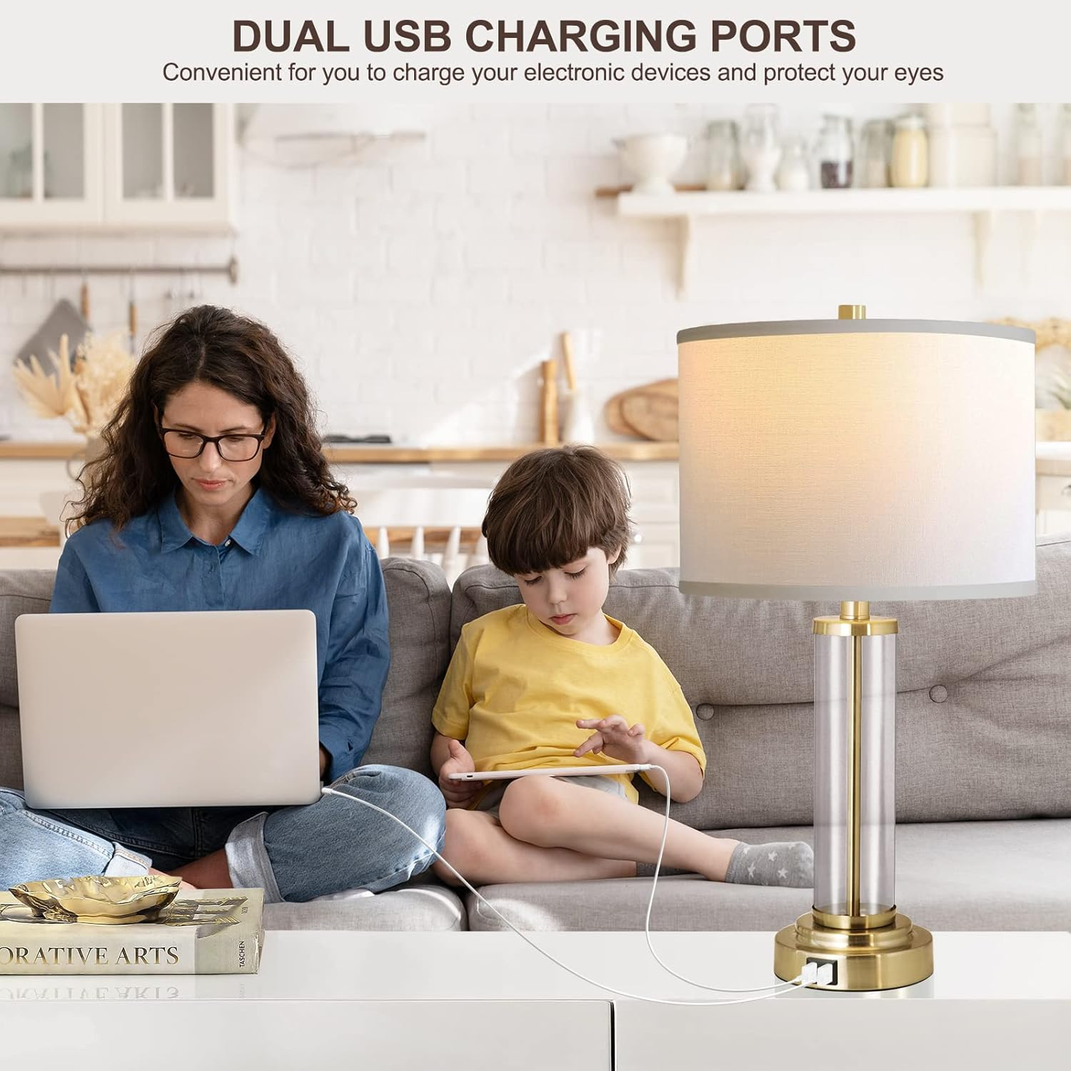 QiMH Lamps for Bedrooms Set of 2, Touch Control Table Lamps with Dual USB Ports, 3-Way Dimmable Bedside Lamp with Fabric Lampshade, Modern Nightstand Lamp for Living Room Bedroom (LED Bulbs Included)