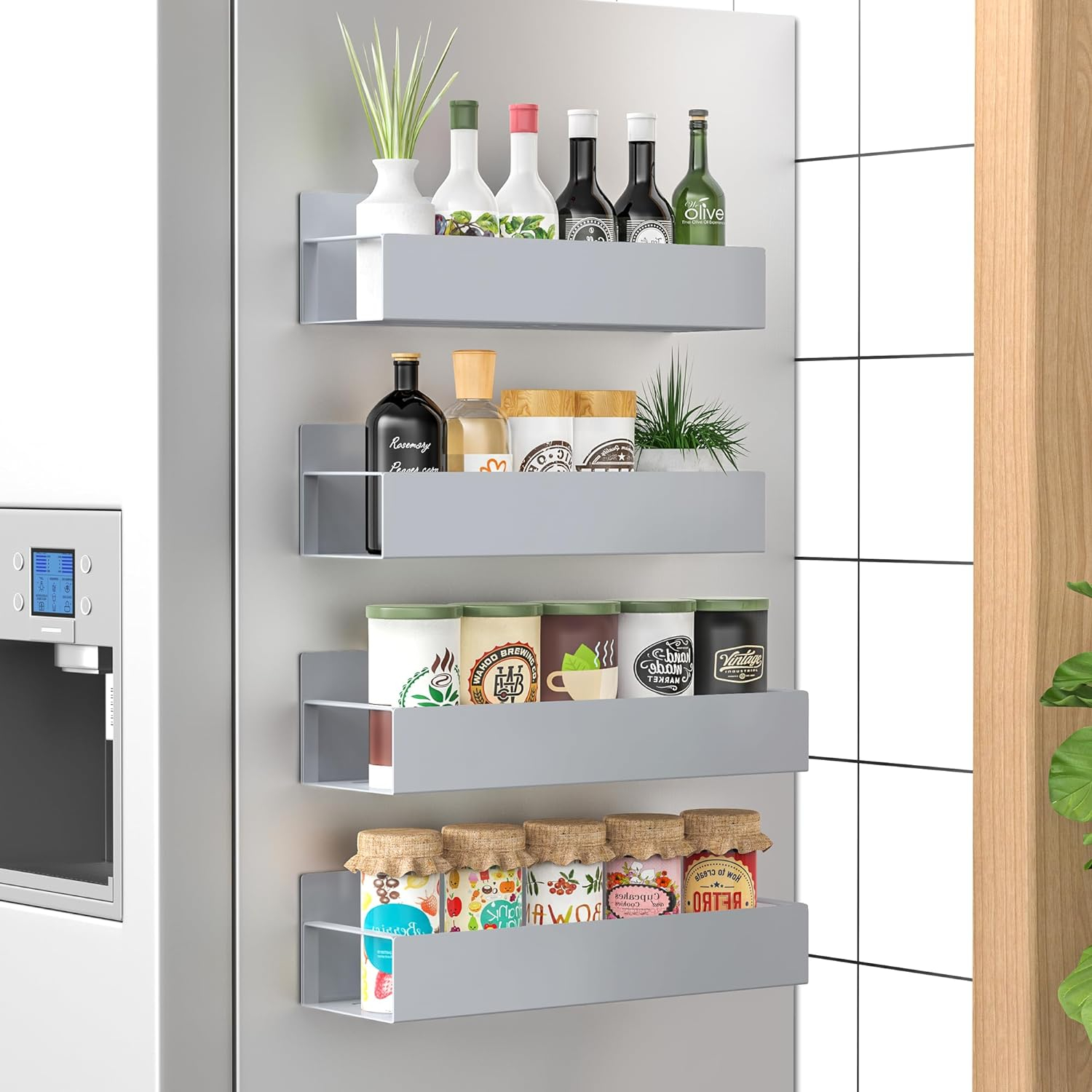 4 Pack Magnetic Spice Rack Organizer for Refrigerator and Oven, Gray Metal Strong Magnetic Shelf for Fridge Organizers and Storage, YSWJ-107