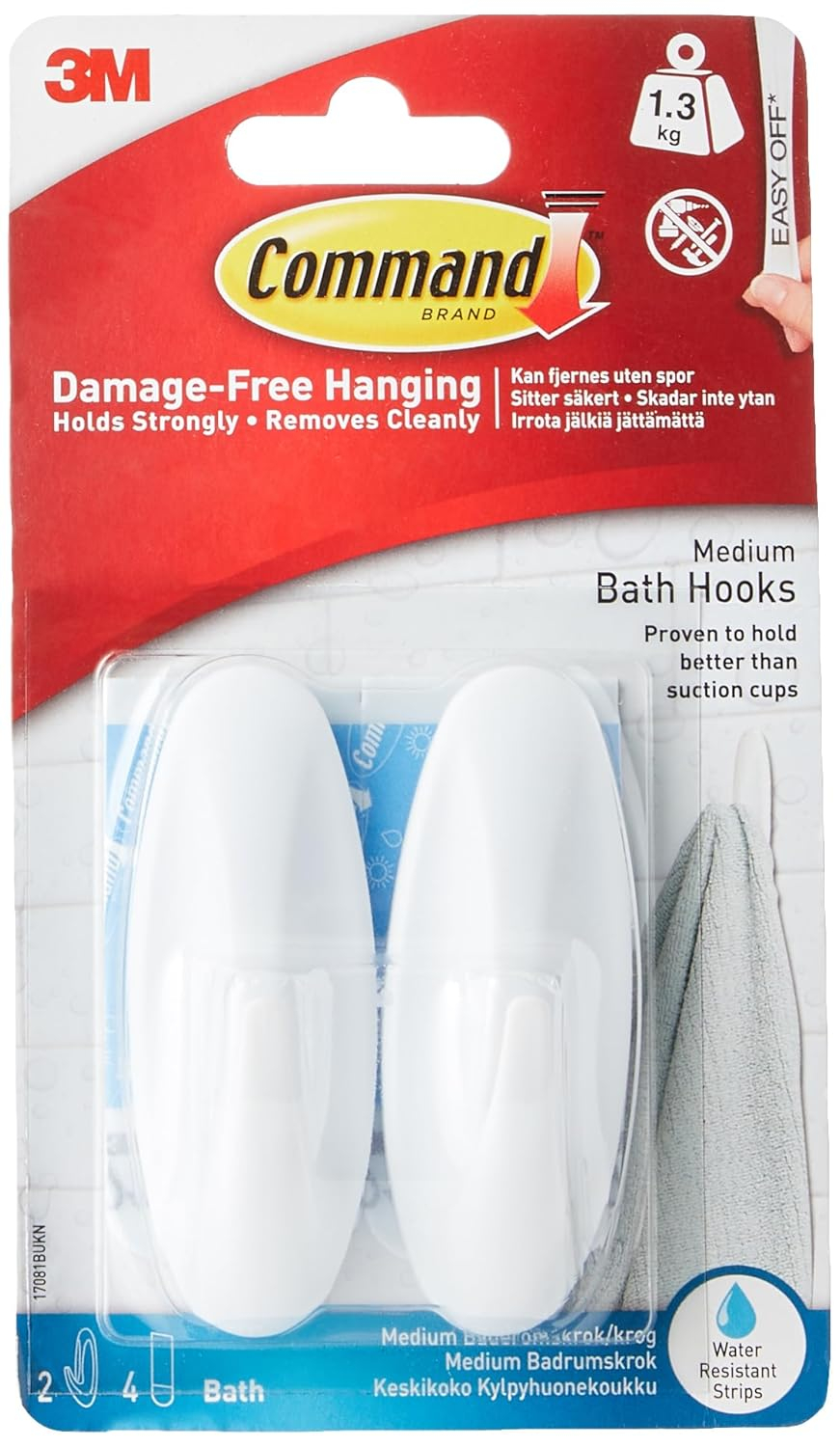 Command Designer Bath Hooks, Medium, White, 2 Wall Hooks, Bathroom Organization