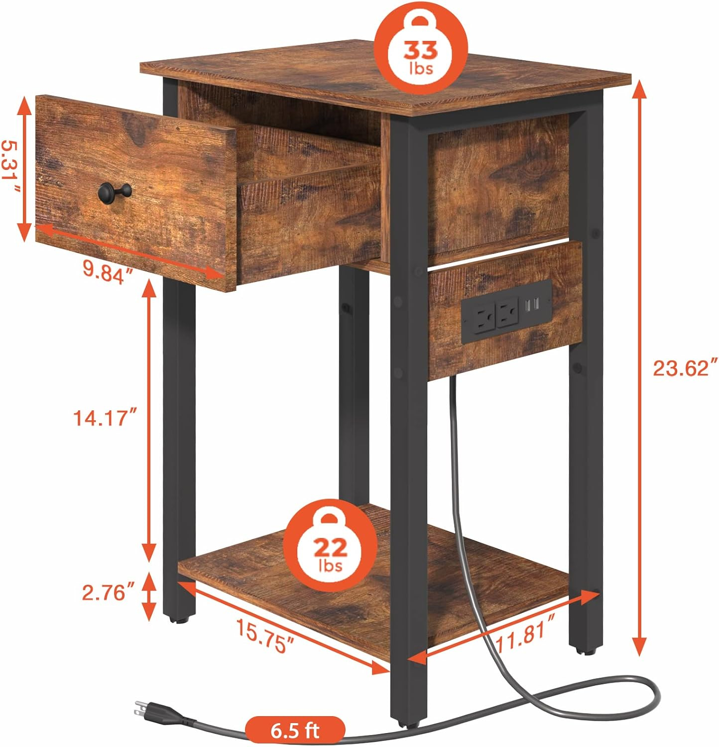 Yoobure Nightstand with Charging Station, Side Table End Table with Large Drawer and Storage Shelf, Bed Side Table/Night Stand with USB Ports & Outlets, Rustic Bedside Tables for Bedroom, Living Room