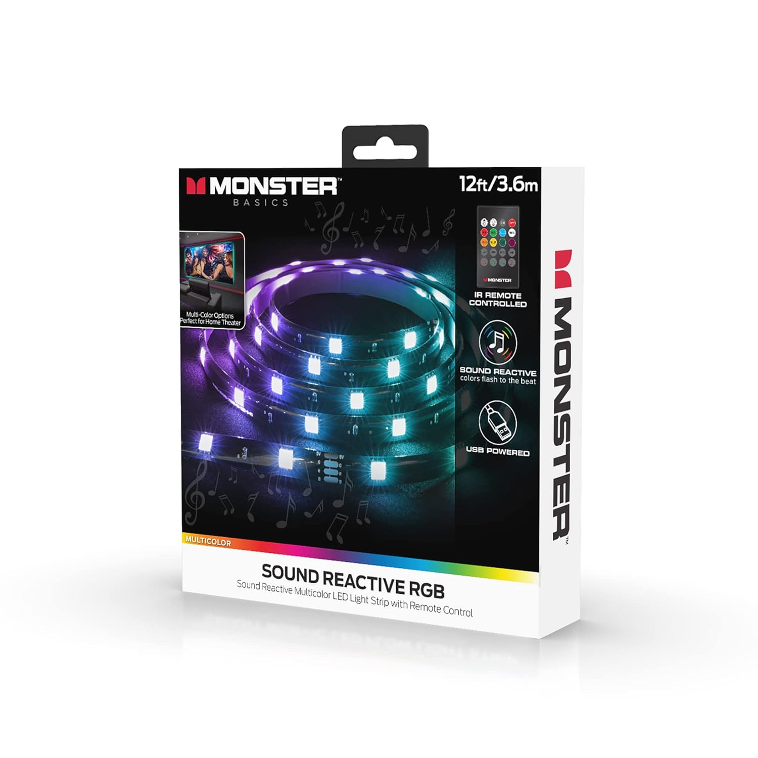 Monster 12ft Multi-Color Sound Reactive LED Light Strip with Remote Control, Indoor