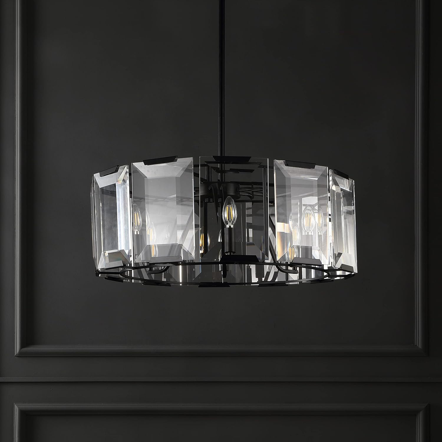 Esperanza Sleek Black Metal and Emerald-Cut Crystal Chandelier