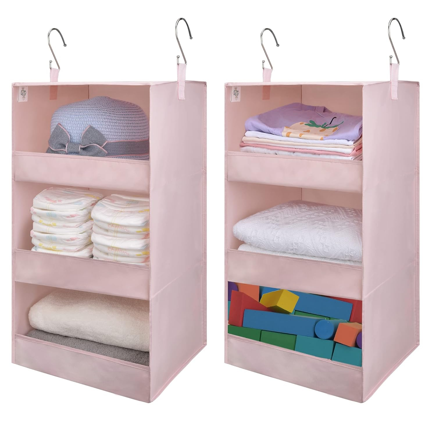 GRANNY SAYS 3 Shelf Hanging Closet Organizers and Storage, Collapsible Closet Storage Organizer with 2 Metal Hooks, Leak-Proof Hanging Shelves for Kids Clothes, Baby Towels, 2 Pack, Pink